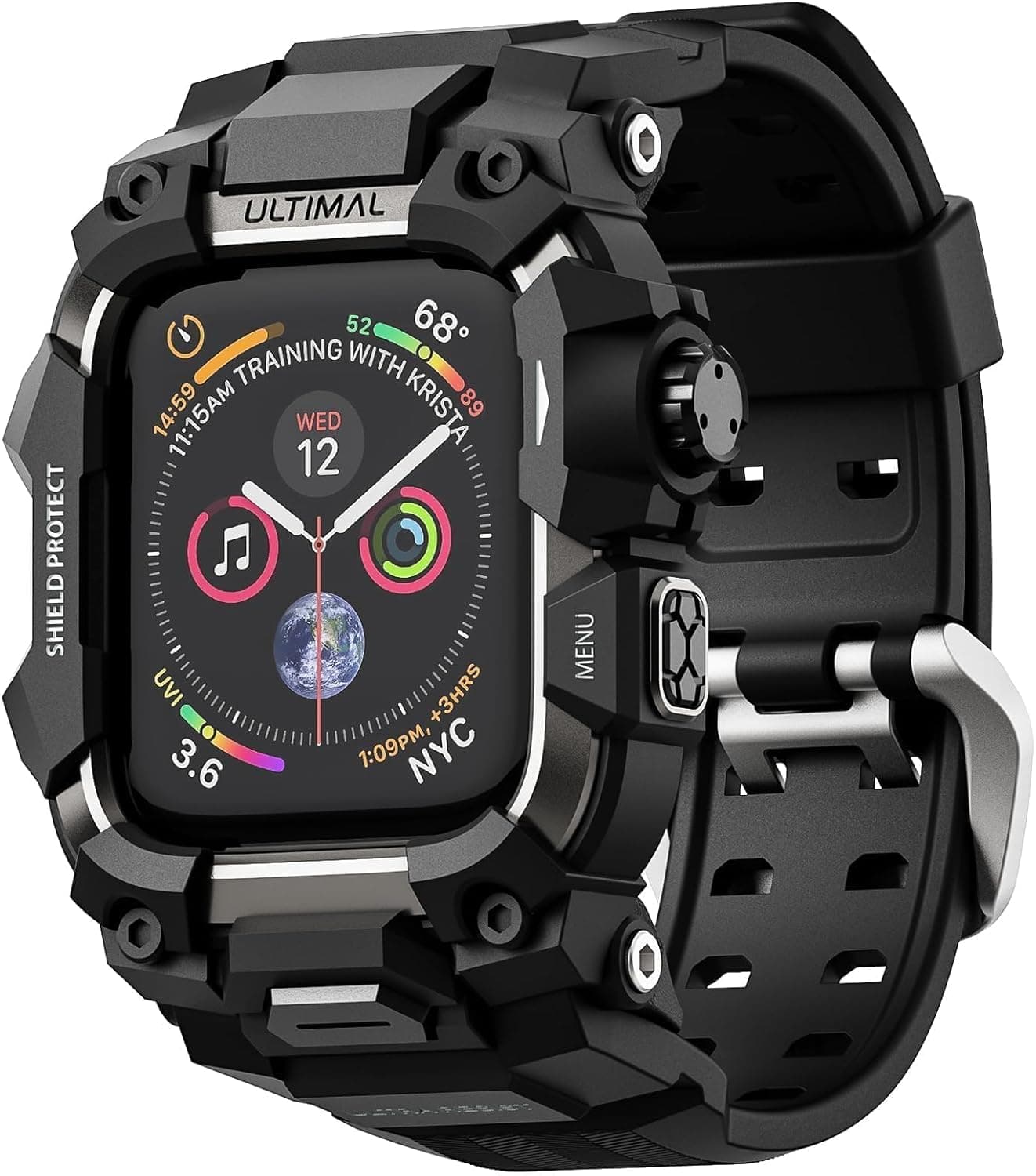 ULTIMAL Rugged Case with Band for Apple Watch 44mm,Compatible with Apple Watch Series SE 3/SE 2/SE Generation/6/5/4, Military Grade Shockproof Bumper Cover for iWatch Tactical Band Men (44mm,Black)