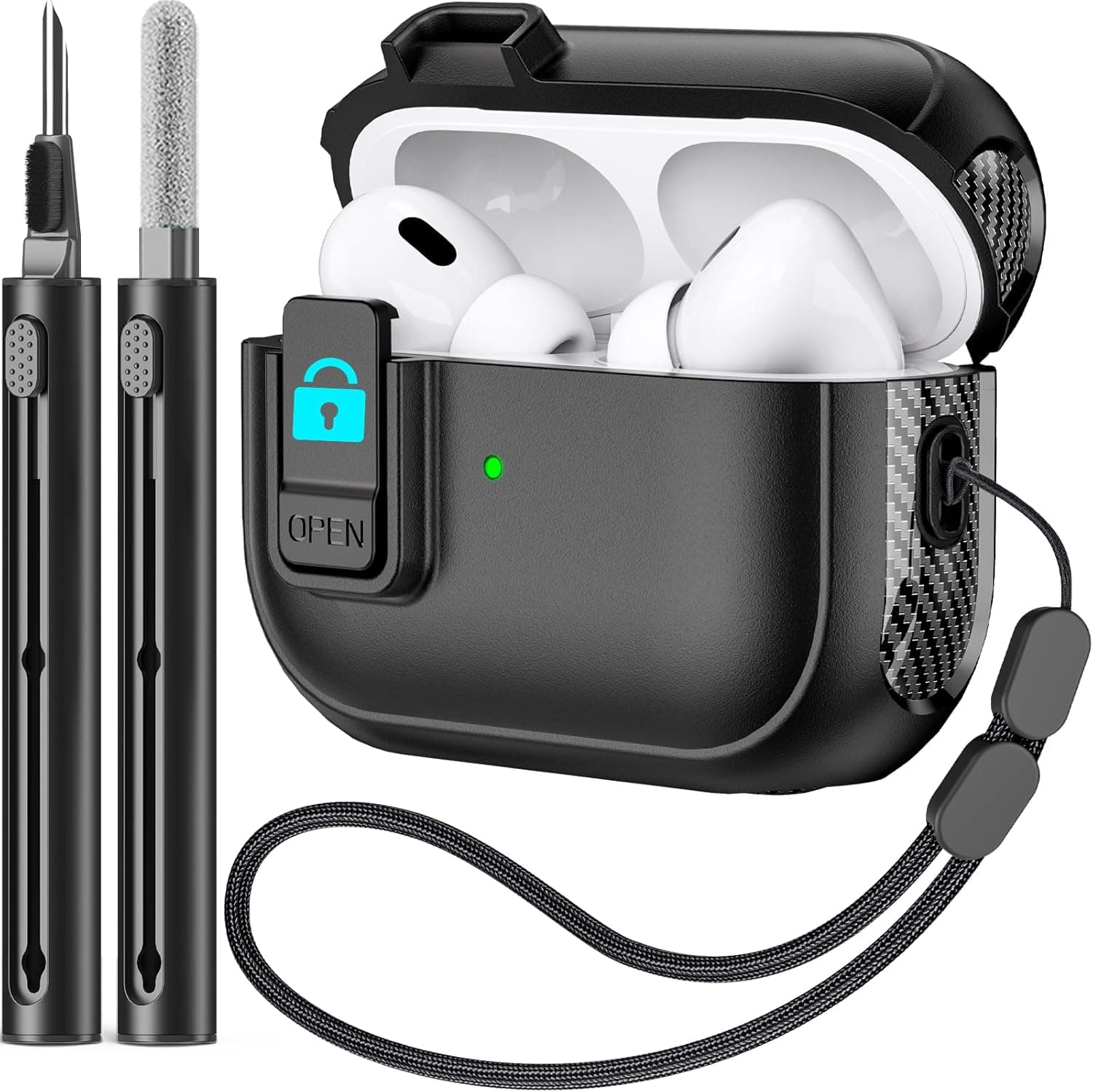 Ljusmicker for AirPods Pro Case with Cleaner Kit,Military Hard Case with Secure Lock for Apple AirPods Pro 2nd/1st Generation for Women Men,AirPod Pro 2/1 Gen Case with Lanyard 2023/2022/2019-Black