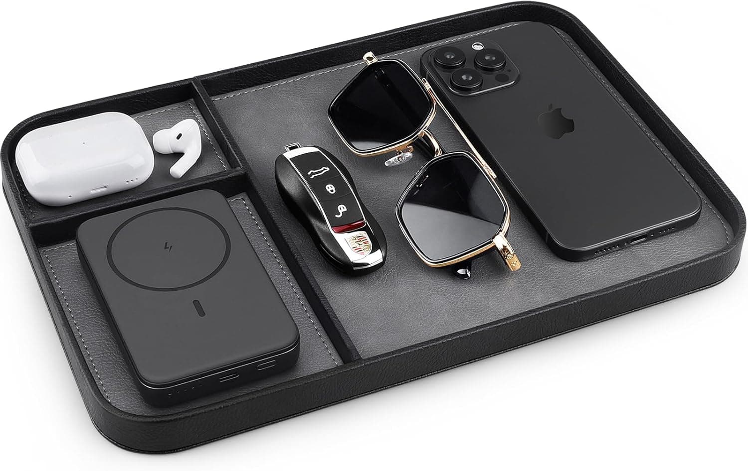 SENEN Leather Tray, Stylish and Organized Multifunctional Tray, for Table Entryway, Premium PU Leather, Catchall Tray for Keys, Watch, Wallet, Jewelry, and More (Black Frame)