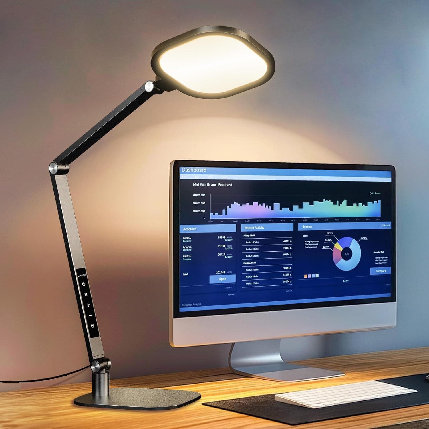 LED Desk Lamp for Home Office, 15W Computer Zoom Lighting with CRI >95, Memory & Timer Function, 1200LM Dimmable Desktop Ring Light for Video Calls, Conference, Reading, Streaming, Study