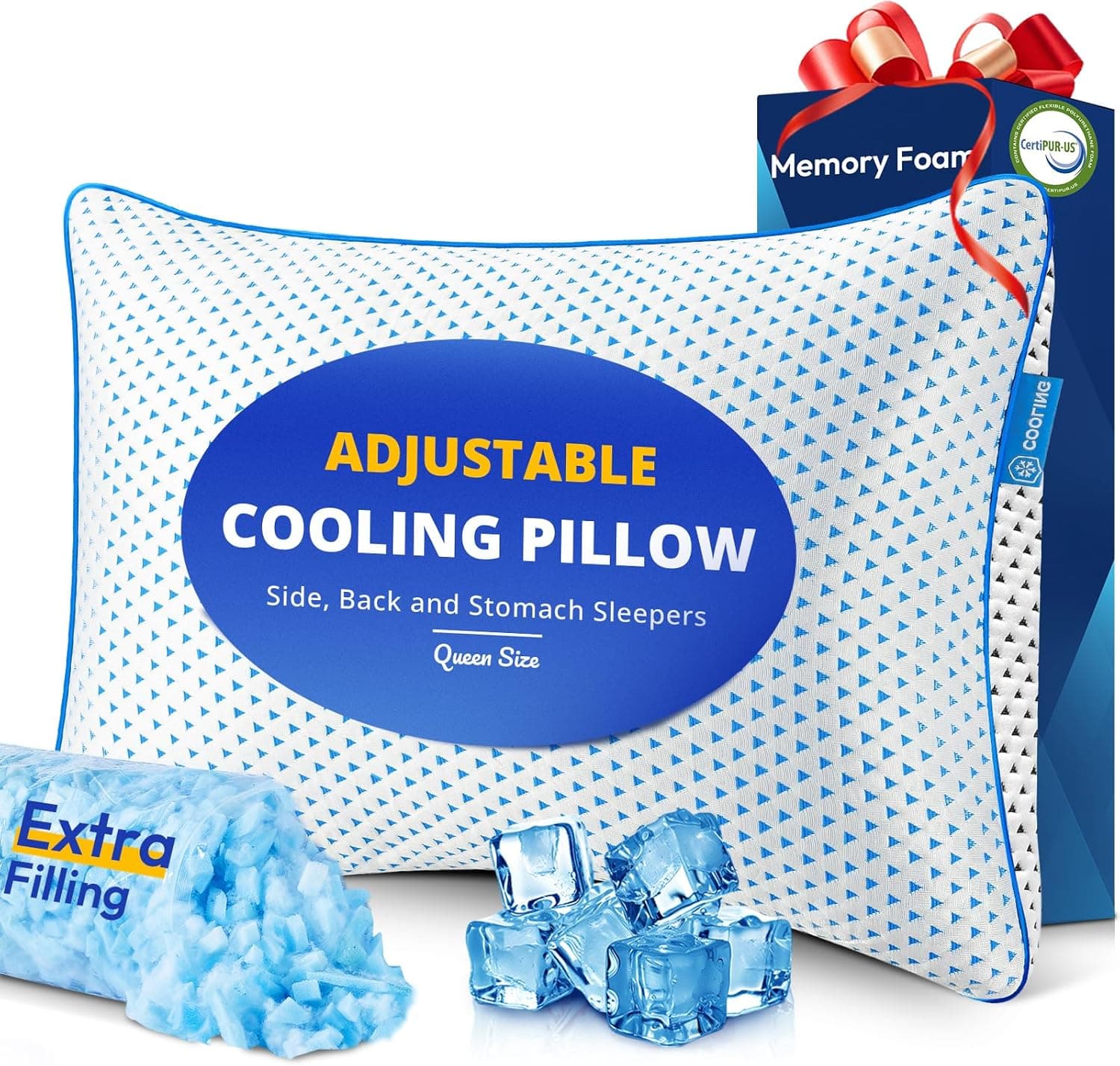 Adjustable Cooling Gel Memory Foam Pillows Queen Size for Sleeping 1 Pack,Thick Firm Bamboo Rayon Shredded Bed Pillow for Side,Back,Stomach Sleepers Washable Breathable Pillowcase,Gifts College Dorm