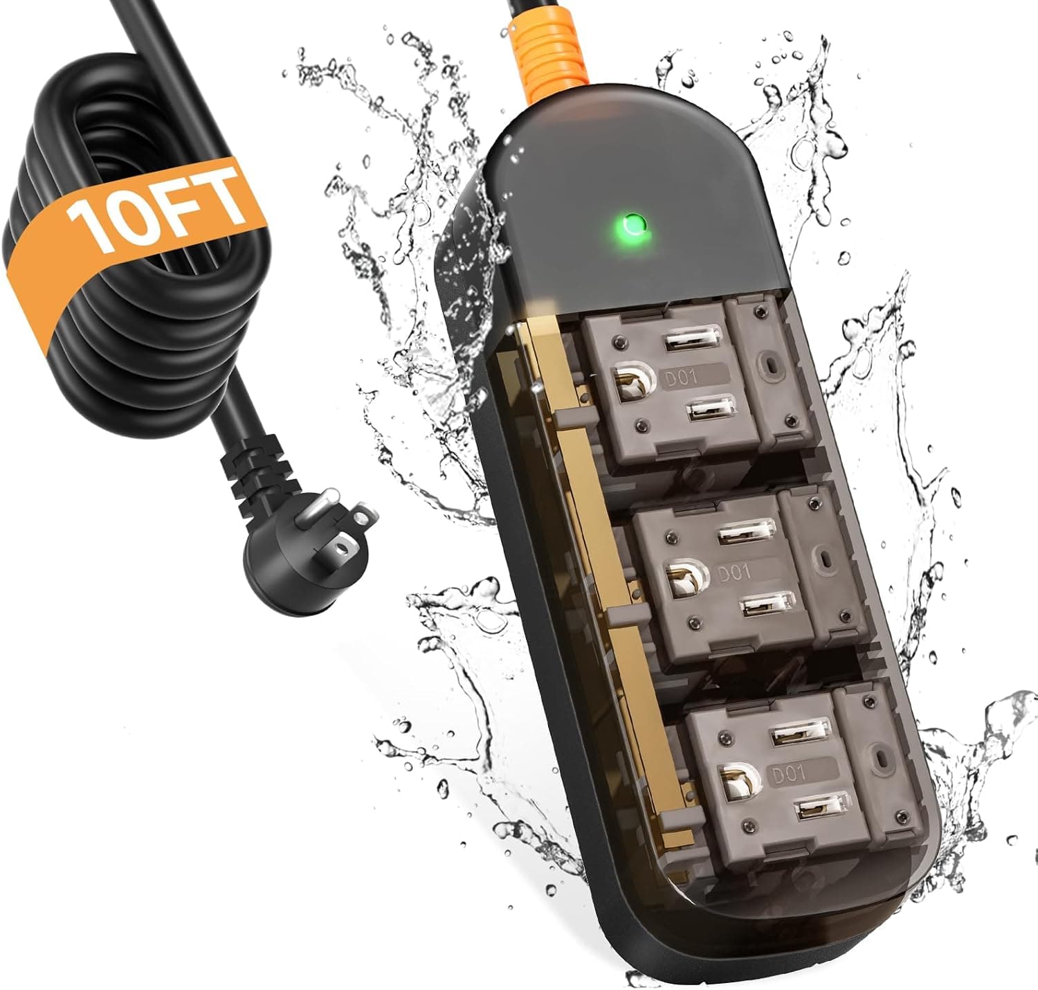 Outdoor Power Strip Weatherproof 10 FT Extension Cord Waterproof Surge Protector Power Strip, 3 AC Outlets, Shockproof, 1625W Overload Protection, for Camping, Home, Office, Garden, FCC UL Listed