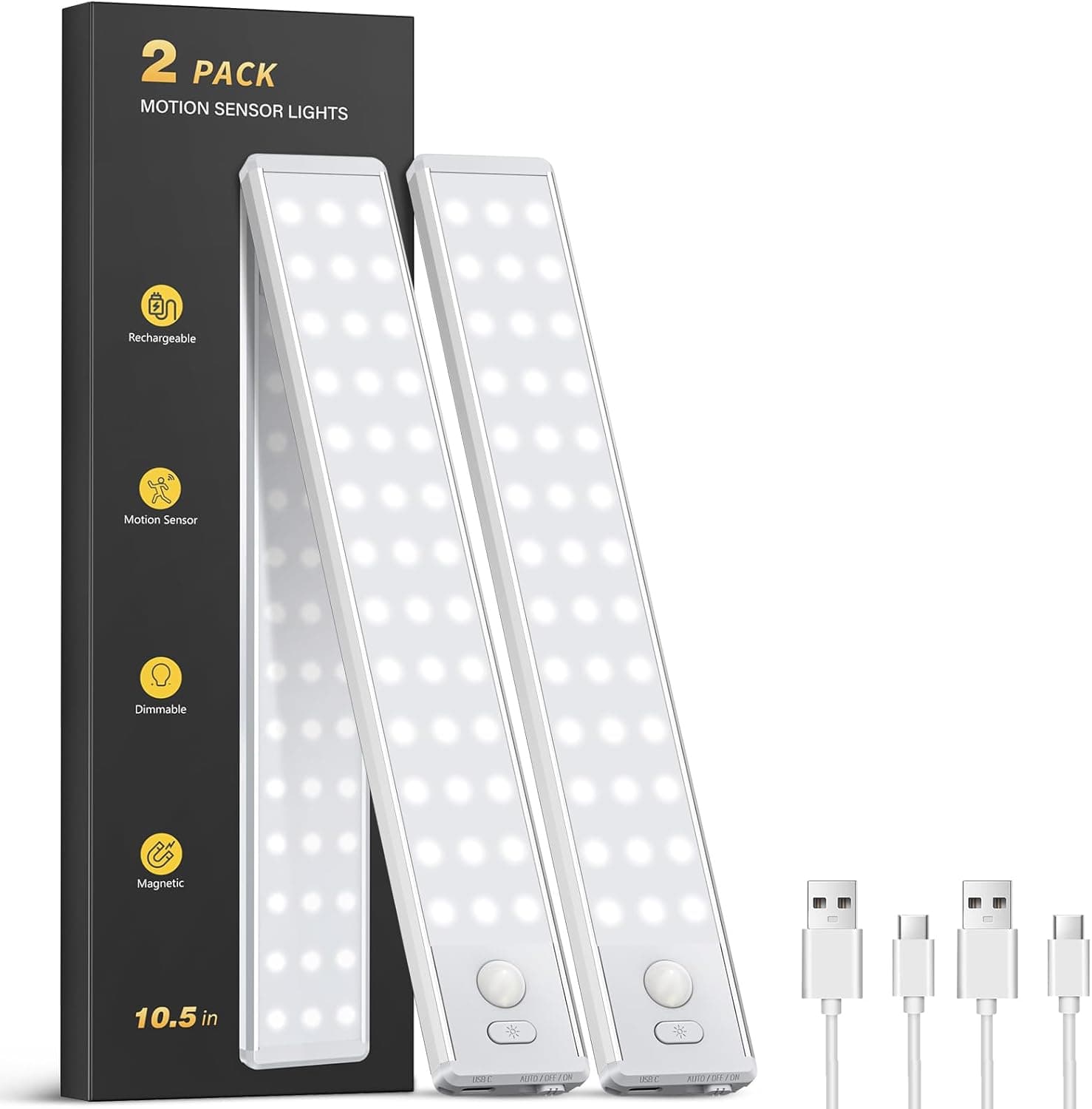 Under Cabinet Lighting - 10.5" Motion Sensor Light Indoor, Magnetic Wireless Closet Lights, Dimmable Led Night Light, Rechargeable Under Counter Lights for Kitchen, Bedroom, Stair, 2 Pack