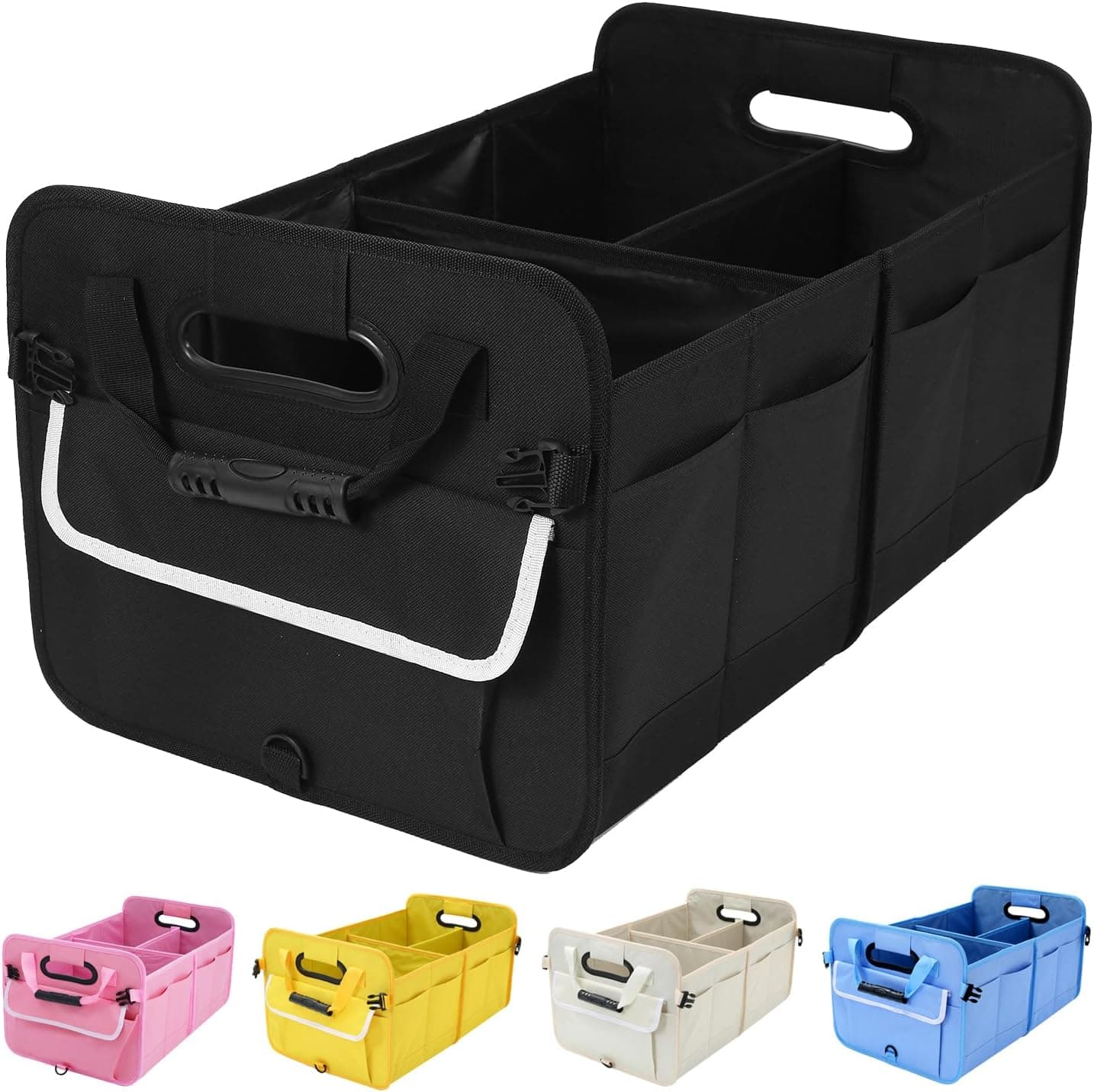 Car Suv Trunk Organizer,Sturdy Car Storage Organizer for Accessories,Tools,Sundries.Upgraded 4 Carrying Handles,72L,Foldable,Waterproof,Multi Compartment,2 Straps for Fixation(Black)