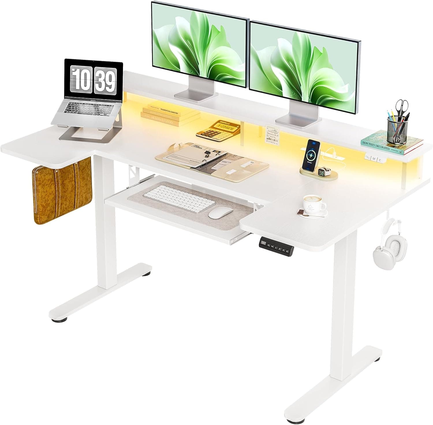 OffiGo U Shaped Electric Standing Desk with Keyboard Tray, 55 Inch Height Adjustable Desk with Power Outlets & LED Lights, Sit Stand Table with Monitor Stand for Home, Office, White