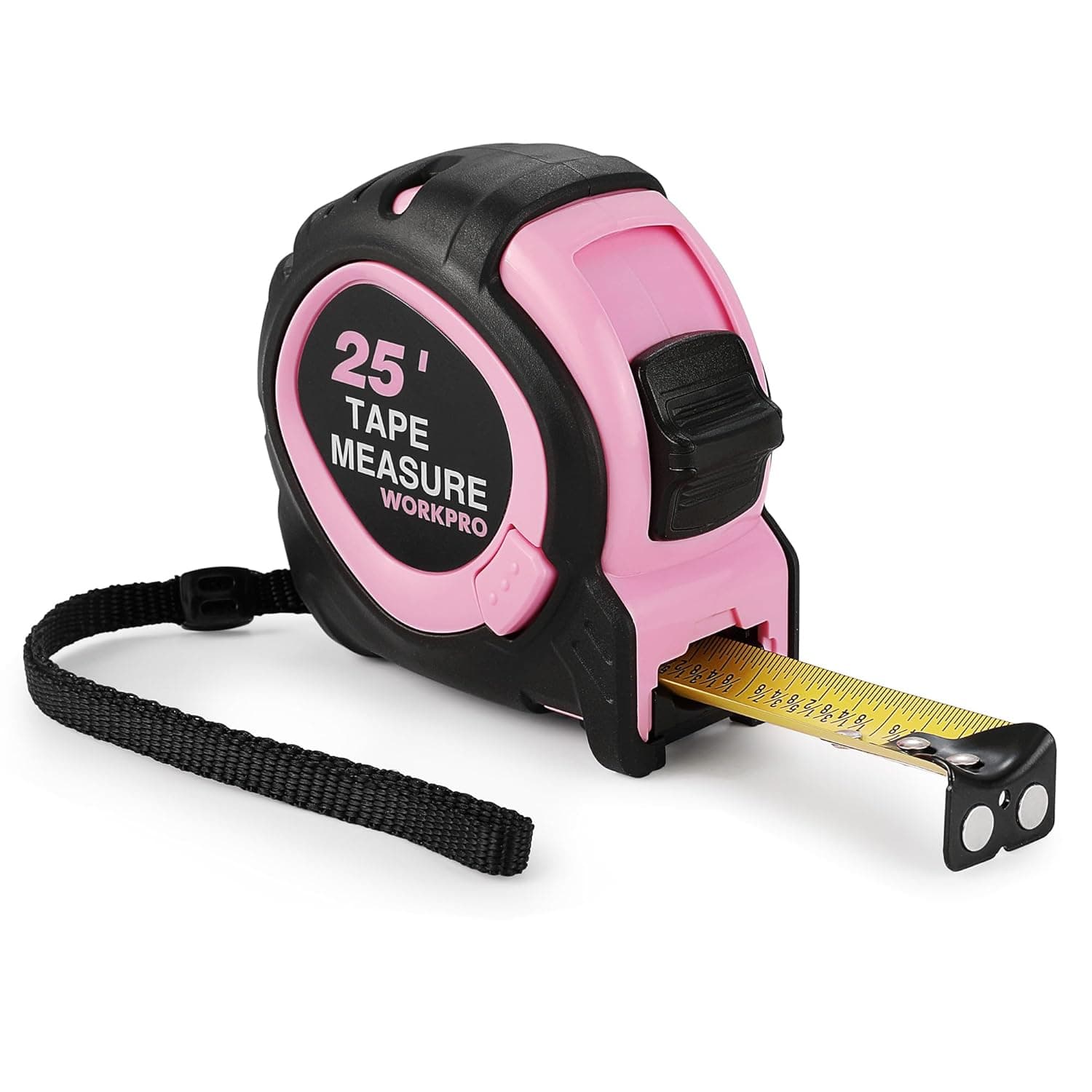 WORKPRO 25-FT Tape Measure with Fractions, 3 Brakes Retractable Measuring Tape, Compact Measurement Tape with Magnetic Hook, Nylon Coating Blade Accuracy 1/32”, Pink