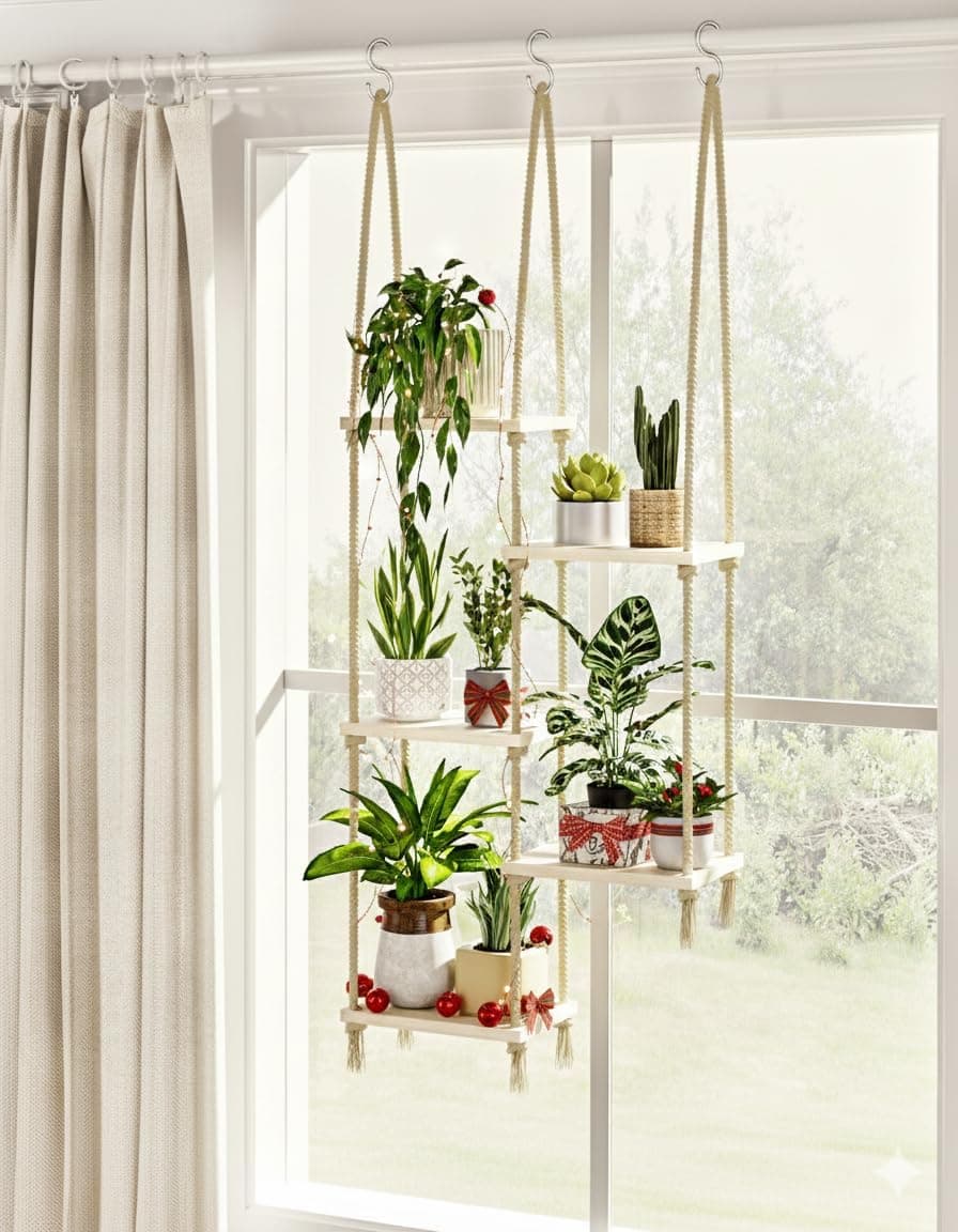 Bamworld Hanging Shelves Plant Hanger Indoor Window Plant Shelves Wood Plant Wall Shelf Window Sill Plant Shelf Indoor Hanging Plant Stand Living Room Decor Garden Boho Decor