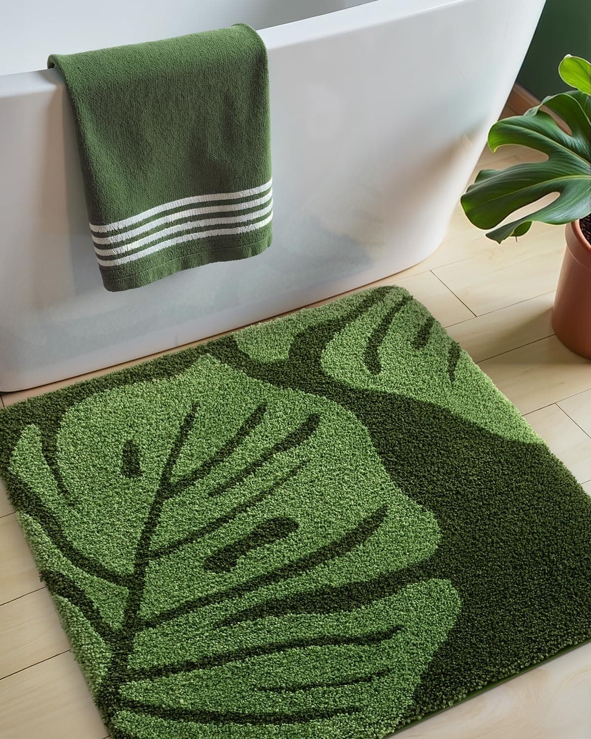 DEXI Bathroom Rug Non Slip, Washable Bath Mat Absorbent, Soft Microfiber Bathmat Monstera Deliciosa Embossed Leaf Carpet for Shower Floor, Square 24x24,Green