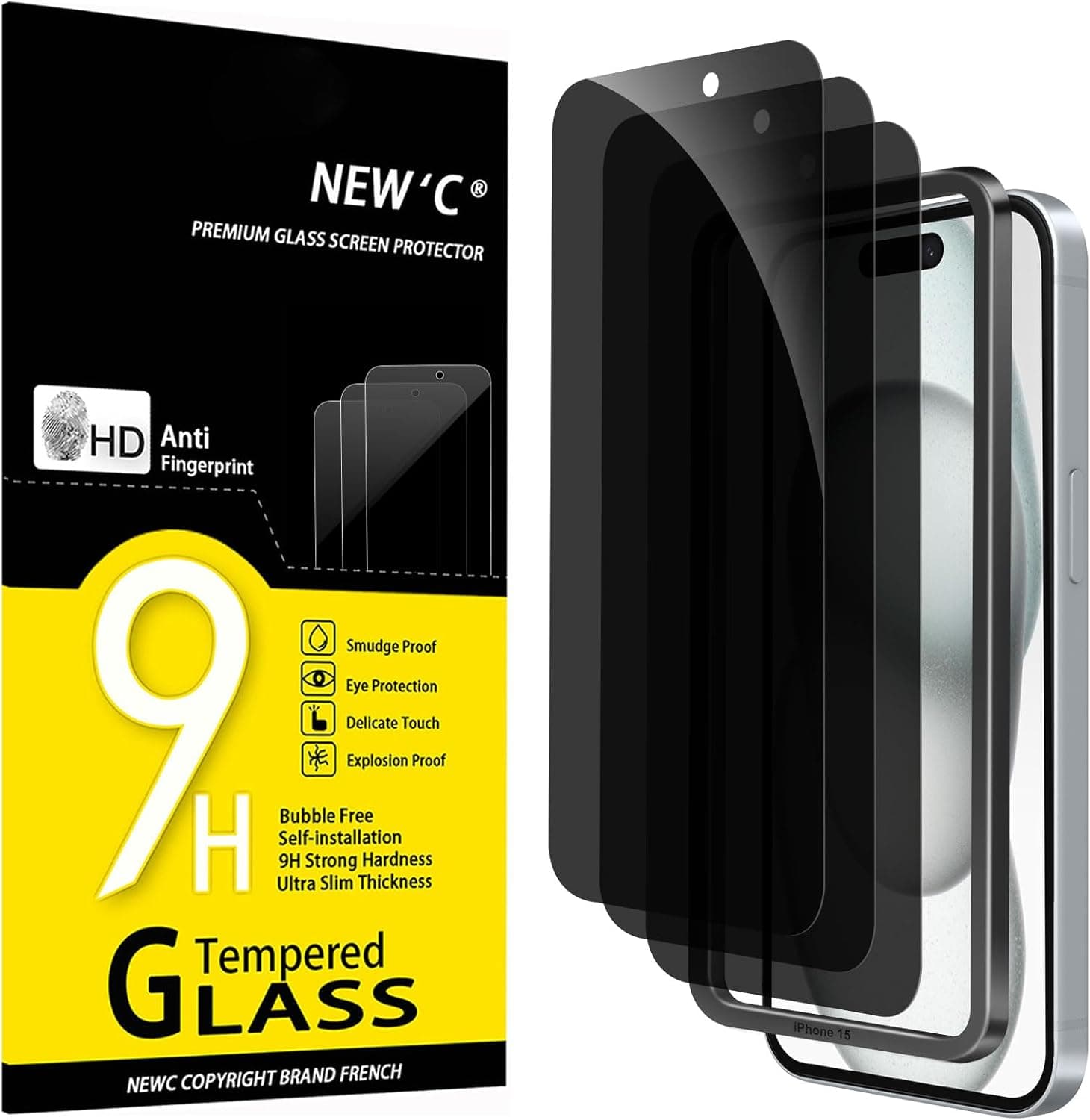 NEW'C 3 Pack Privacy for iPhone 16, iPhone 15 Screen Protector (6.1 inches), Anti-Spy Tempered Glass Film,Enhanced 28-Degree Privacy Angle with easy installation tool included