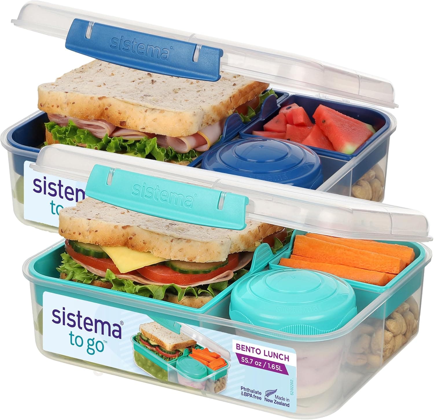 Sistema TO GO Bento Box Cubes | 1.65 L | School Lunch Boxes With Compartments & Snack Pots | BPA-Free | 2 Count | Minty Teal & Ocean Blue