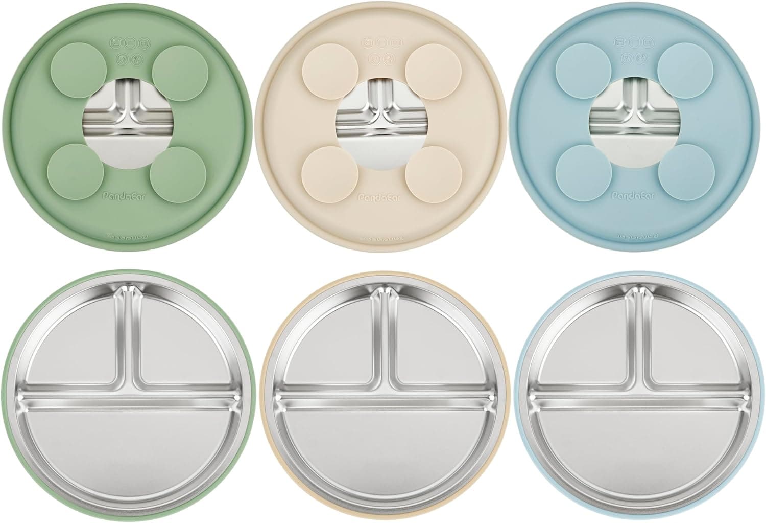 PandaEar 3 Pack Stainless Steel Baby Suction Plates, Divided Toddler Plate for Baby Led Weaning Supplies, Non-Slip Toddler Baby Feeding Set Dishwasher Safe (Blue/Green/Brown)