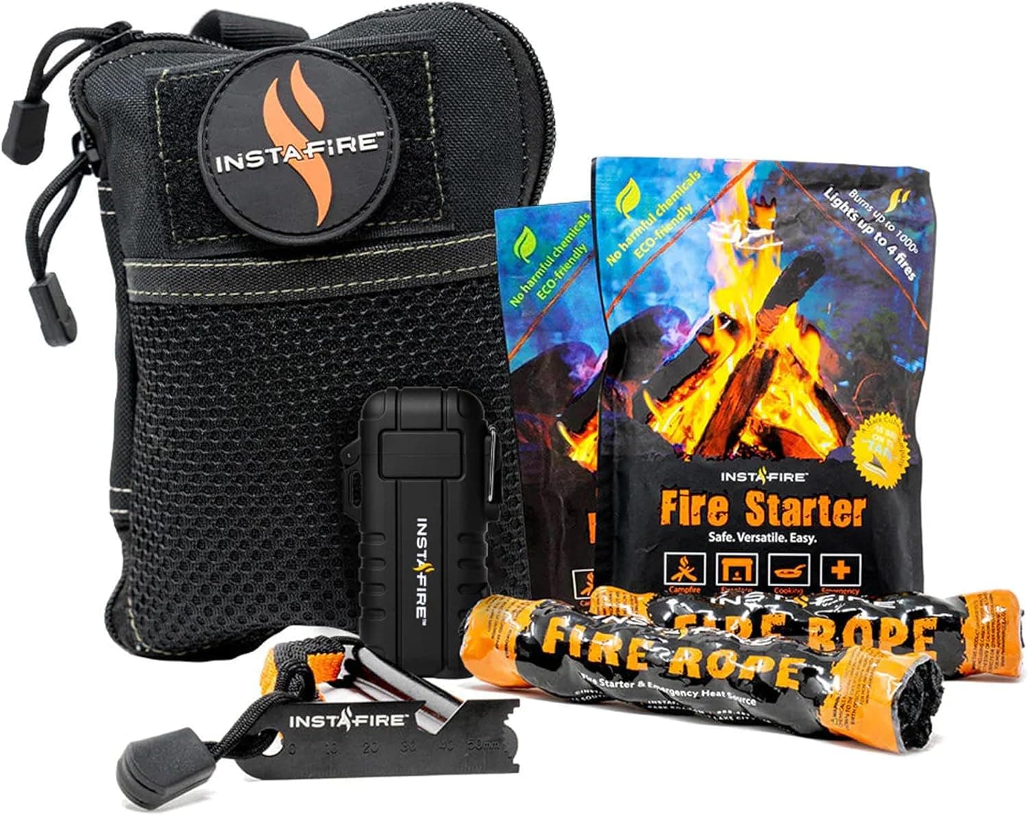 InstaFire Tactical Fire Starting Kit (Includes Rechargeable Lighter, Ferro Rod, Fire Starter Pouches, and Fire Ropes), Fire Starter Kit, Fire Starters for Campfires, Survival Tool, Easy Fire Starter