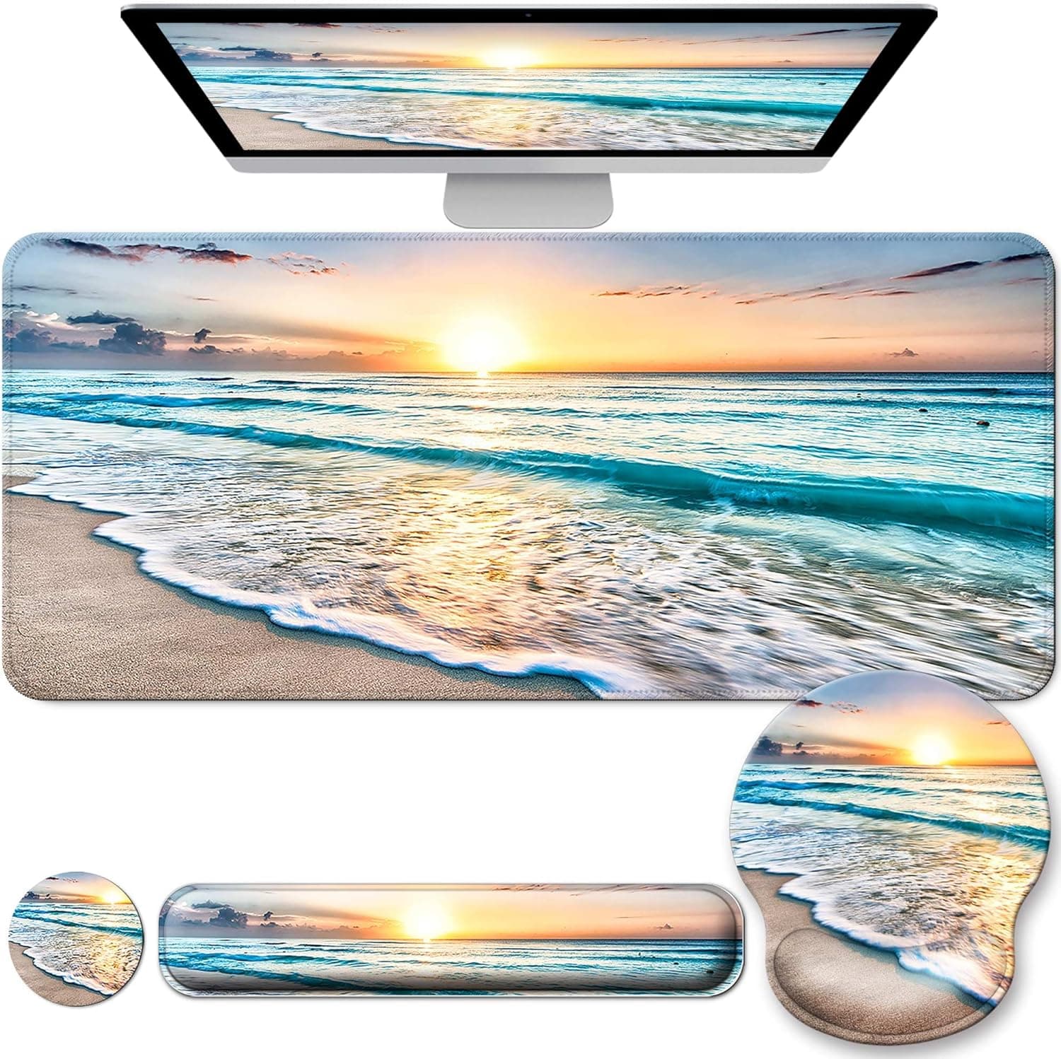 Desk Mat Set + Keyboard and Mouse Pad with Wrist Rest Support,4-in-1 Large Mousepad Computer Mats for Desktop Home & Office-Blue Sunset Beach