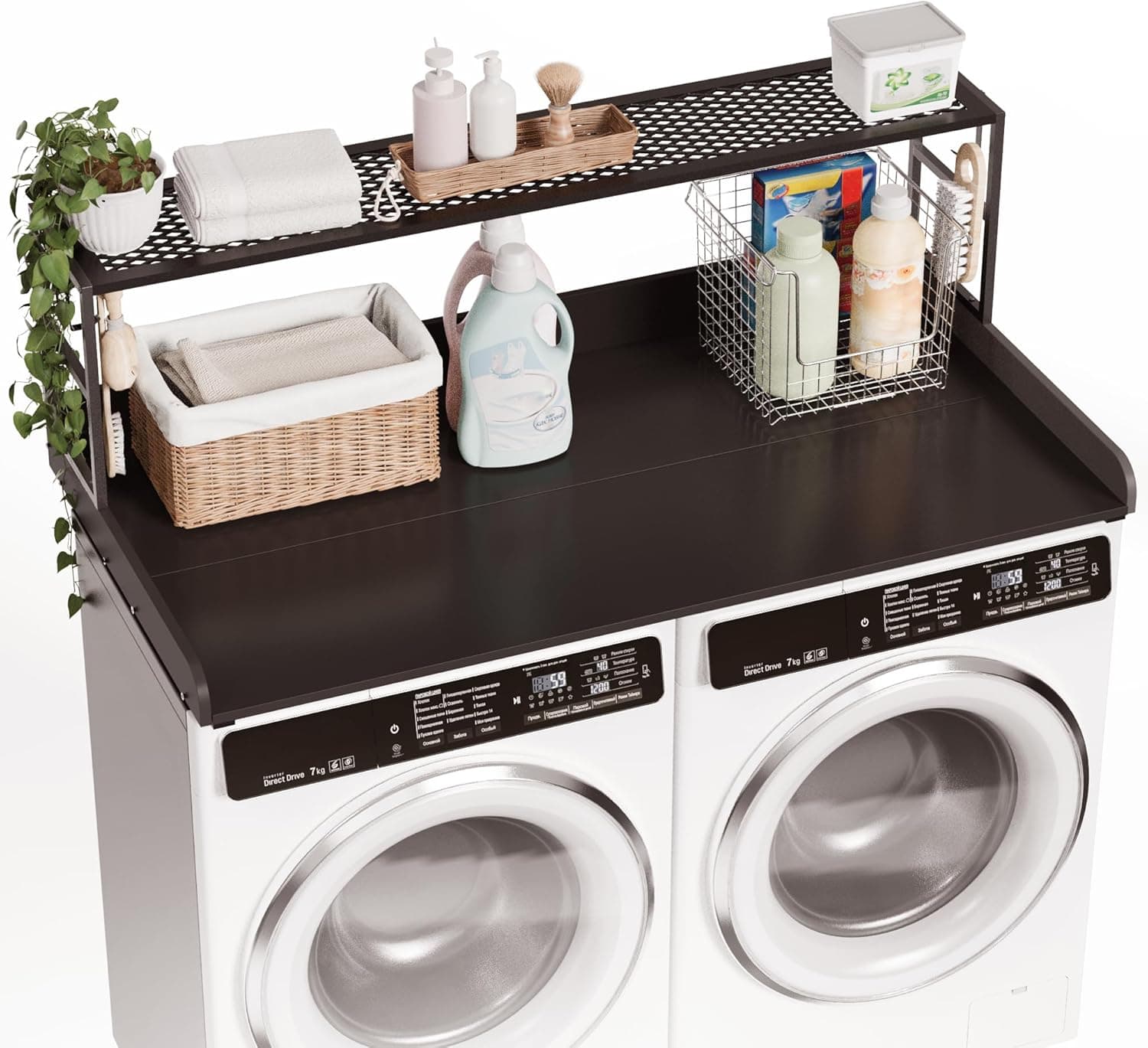 DTK Washer Dryer Countertop with Shelf, 27.55" Depth x 54" Width Laundry Wood Top Cover with Anti-Slip Strips, Over Washer and Dryer Wood Countertop with Edge Rails, Black