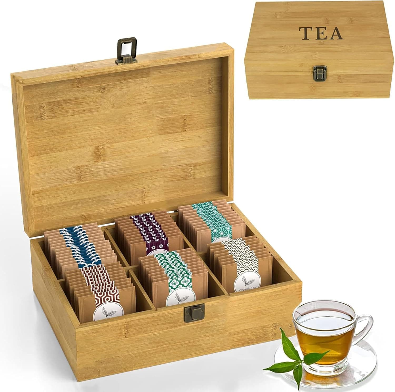 Tea Organizer Box Food Safe Chemical Free Bamboo Wood Storage Chest Big, Tall, Adjustable Cubbies (6-Slot 11" x 8.1" x 4.2" with TEA stamp design)