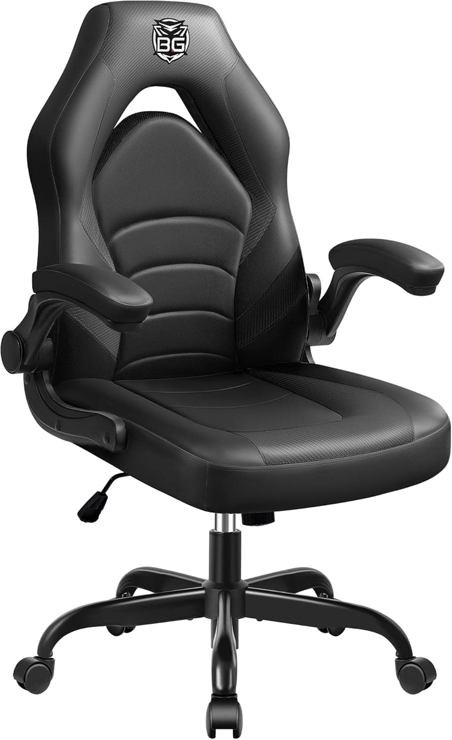 Gaming Chair, Leather High-Back Home Office Desk Chair with Flip-Up Arms, Ergonomic Padded Rolling Wheels Swivel Tilt Gamer Computer Chair with Comfy Lumbar Support, Height Adjustable, Black