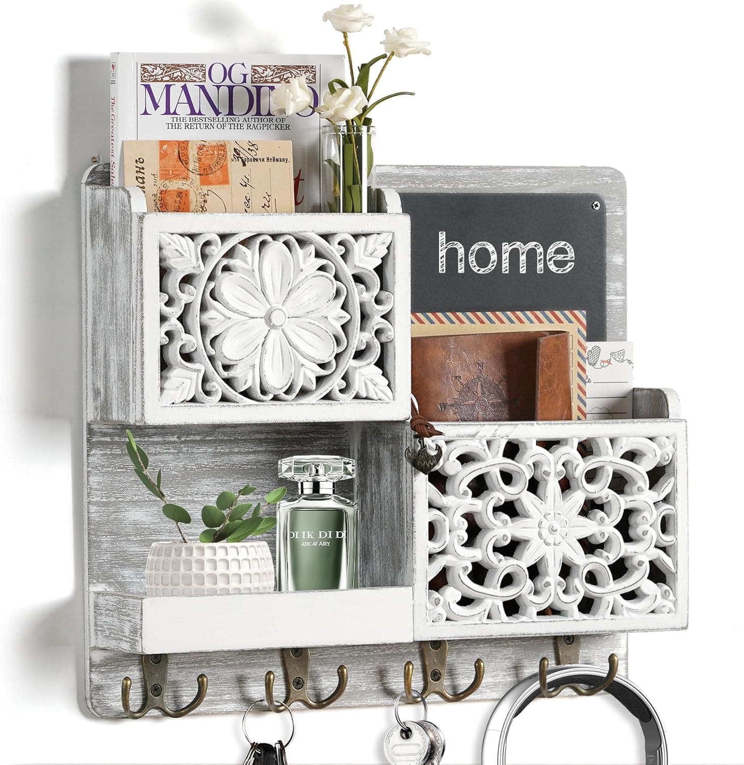 Mail Organizer Wall Mounted, 2 Slots Key Holder for Wall with 8 Hooks, Rustic Wood Key Rack with Shelf for Entryway Hallwall Farmhouse