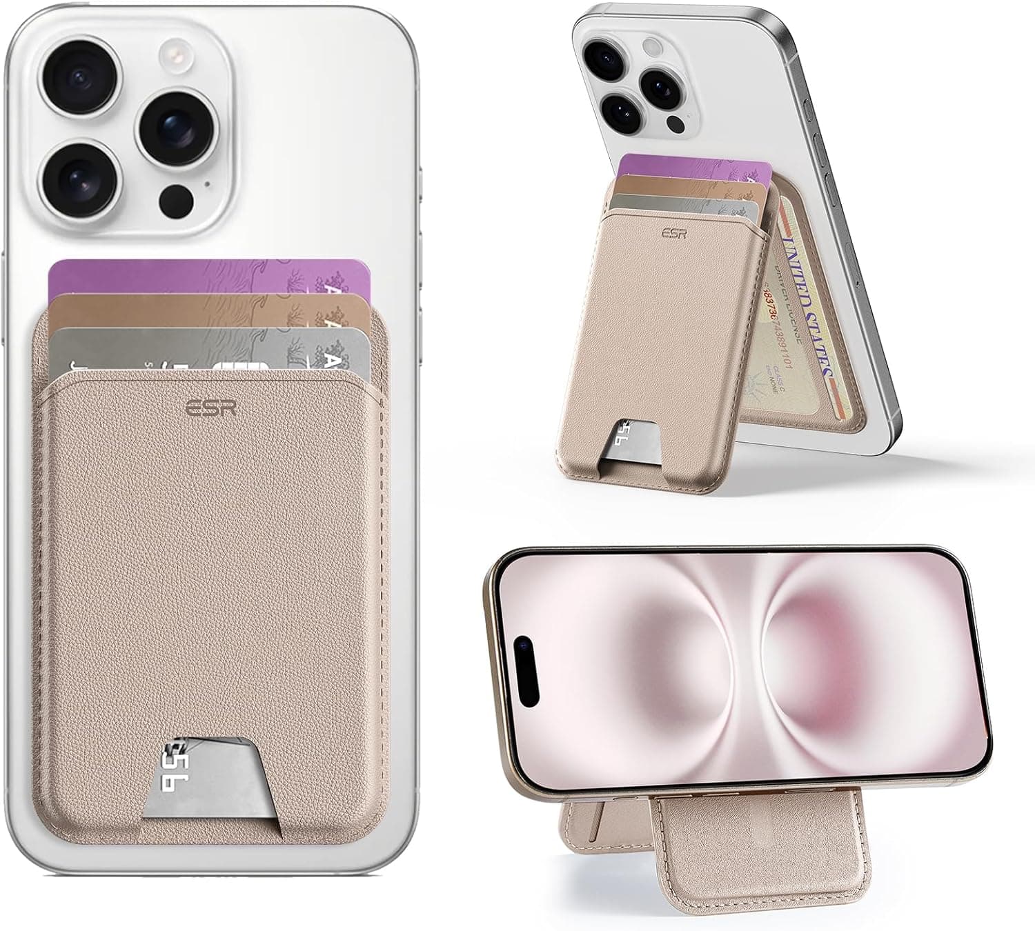 ESR Upgraded Aura for MagSafe Wallet, 5 Card-Holder with Adjustable Stand, RFID Blocking, Magnetic Wallet for iPhone, Slim for iPhone 17/16/15/14/13/12 Series, Not for Mini, Desert Titanium