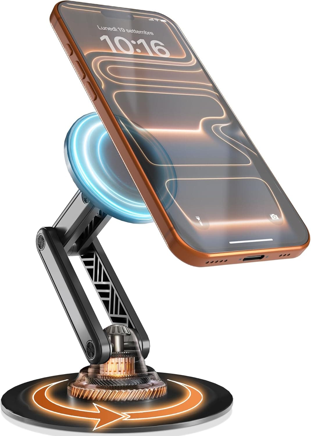 COOPER Mag360, Desktop MagSafe Stand for iPhone 17 Pro Max (16/15/14/13/12), Magnetic Phone Holder for Desk, 360° Rotating, Height Adjustable, Magnetic Phone Stand for Desk, with Metal Ring (Black)