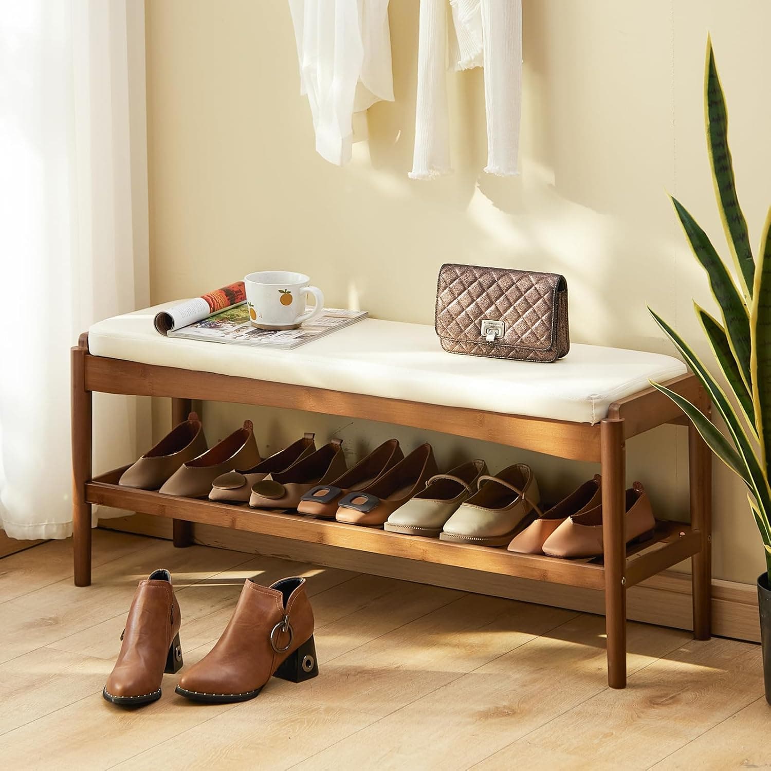 Shoe Rack Bench Entryway Bamboo Shoe Storage Bench with Leather Cushion 2 Tiers Shoe Rack Entryway Bench for Hallway, Living Room,Bedroom(Beige Bench top+Brown Frame)