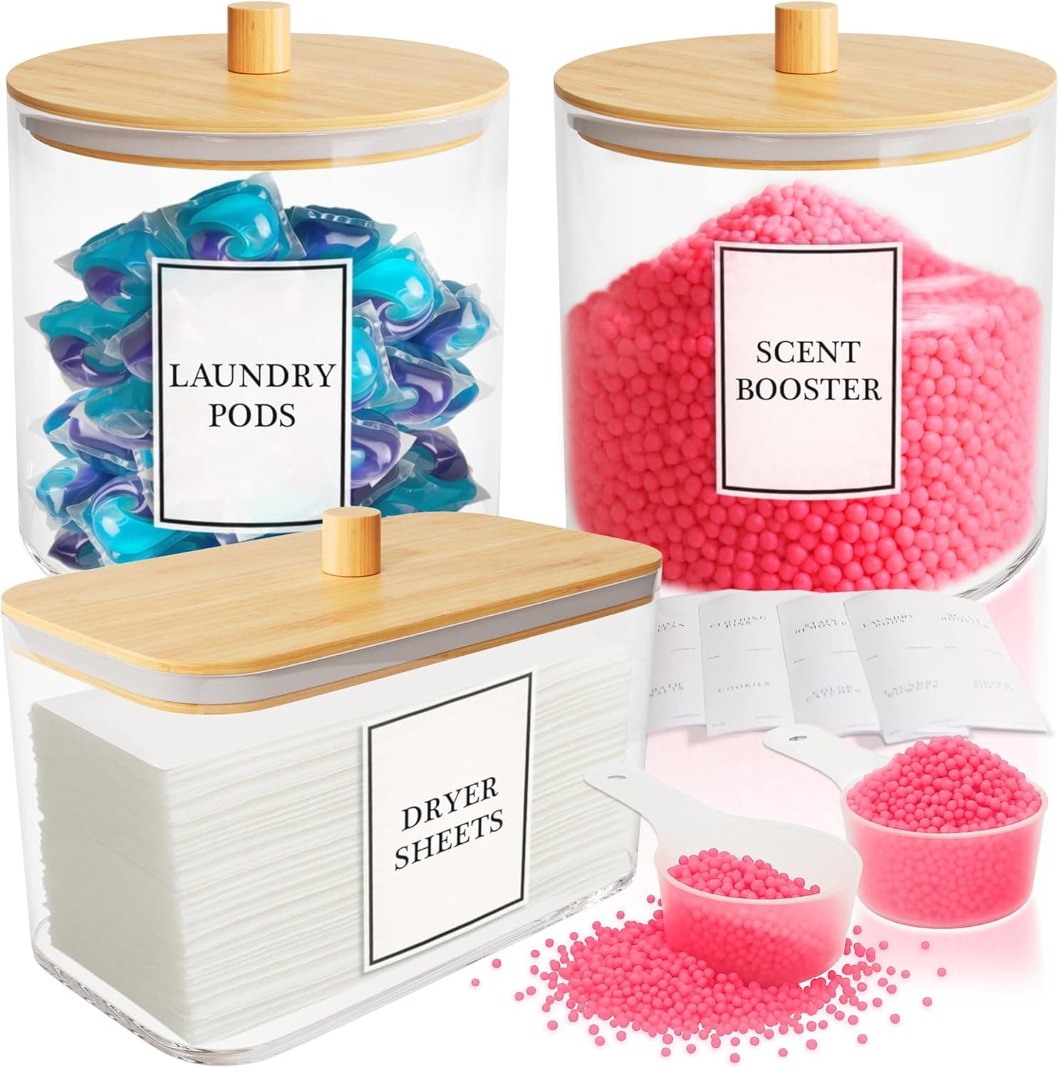 Laundry Pods Containers for Organizing Dryer Sheet Holder & Laundry Jars with Lids, Labels & Scoops - Acrylic Laundry Storage Containers for Powder, Pods, Detergent, Scent Booster
