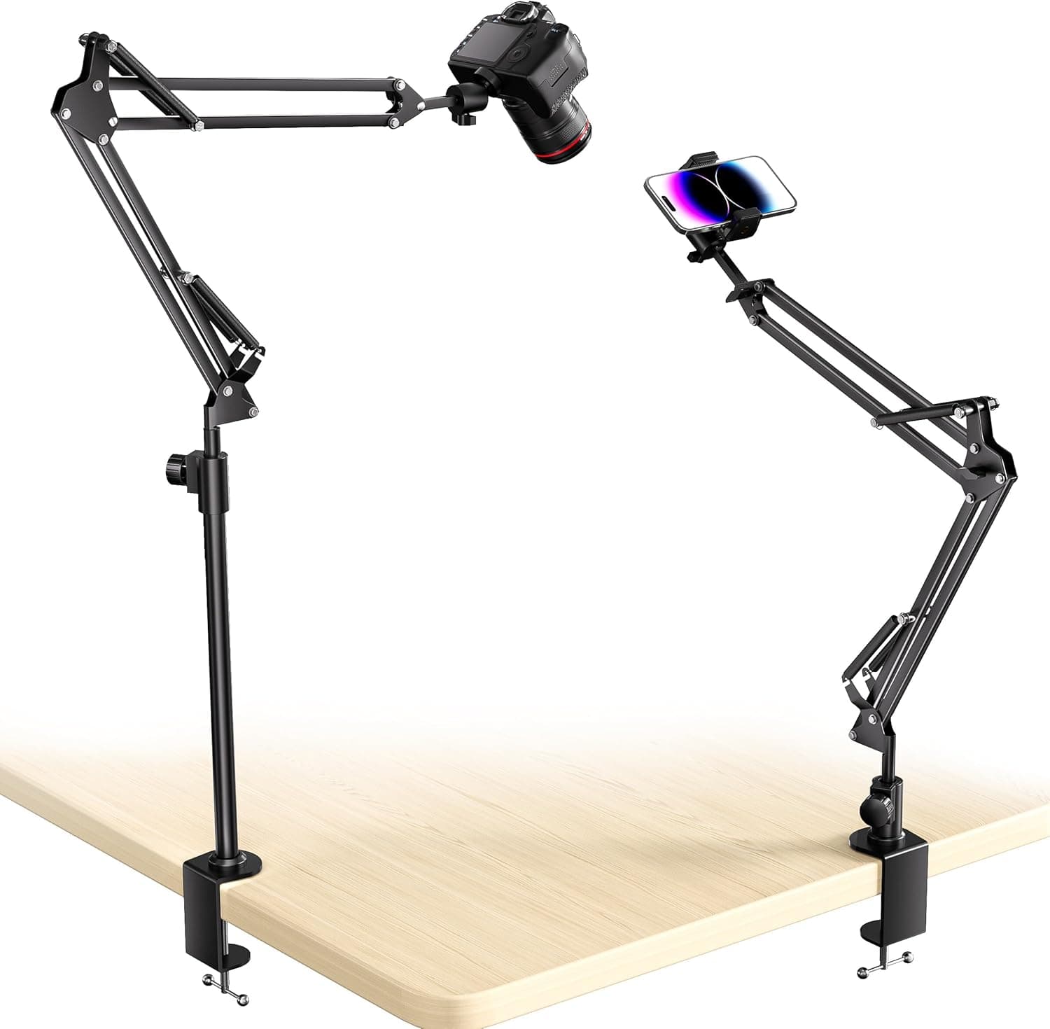 UBeesize Overhead Camera Mount with 360° Adjustable Arm & Phone Holder for TikTok Live Streaming Photography Studio Content Creation, Desk Mount for DSLR Cameras/Webcam/iPhone/Ring Light/Microphone