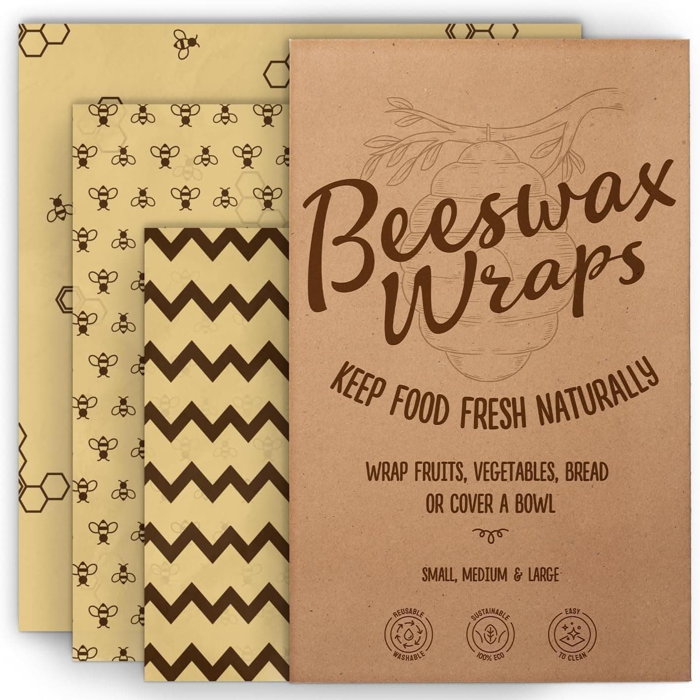 Bee’s Wrap Reusable, Eco Friendly Beeswax Food Wraps, Organic Cotton Food Storage, Assorted Pack of 3 (S, M, L) - Sustainable, Durable, Washable