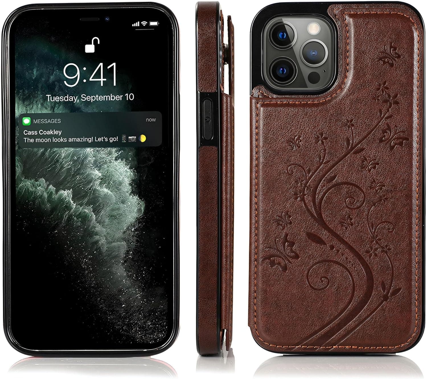 for iPhone Case,Retro Slim PU Leather Flower Butterfly Pattern Wallet,Card Holder Slots Full Body Military Grade Protection Soft Shockproof Phone Case (Brown,iPhone 15)