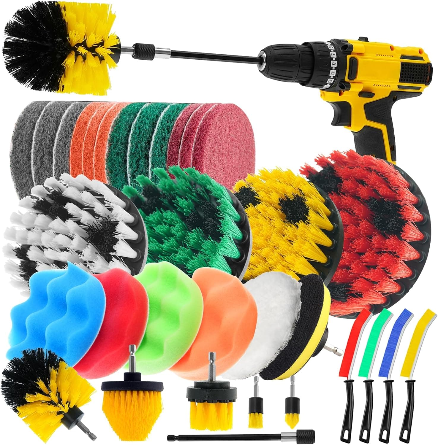 32 Pack Drill Brush Attachments Set Scrub Pads Sponge Buffing Pads Crevice Cleaning Brush for Home Bathroom Car Kitchen Corners Sink Stubborn Stains Tiles Car Polishing Kit