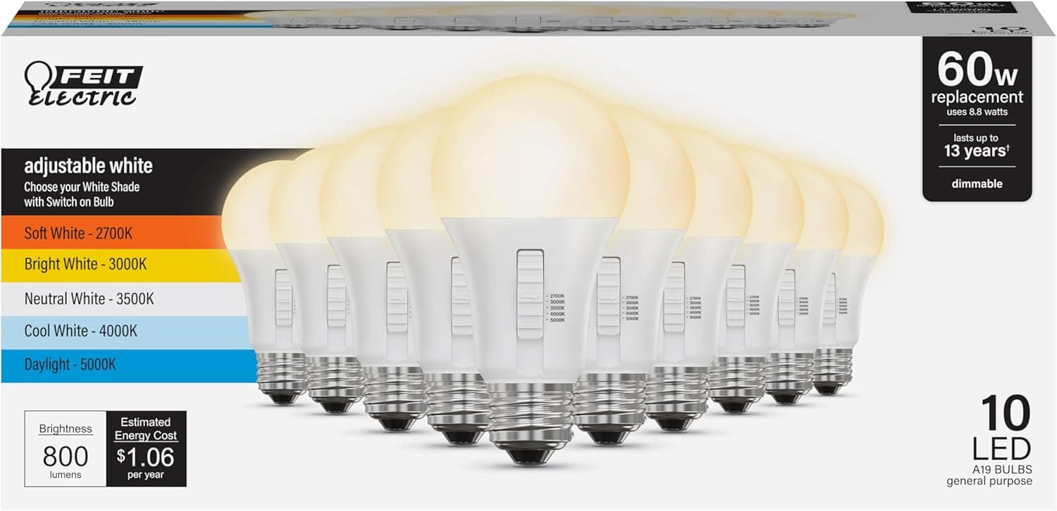 Feit Electric A19 LED Light Bulb, 60W Replacement, Dimmable, Selectable Color Temperatures (2700K-5000K), 800 Lumens, General Purpose Light Bulbs, 15,000-Hour Lifetime, OM60DM/5CCTCA/LED/ 10 Pack