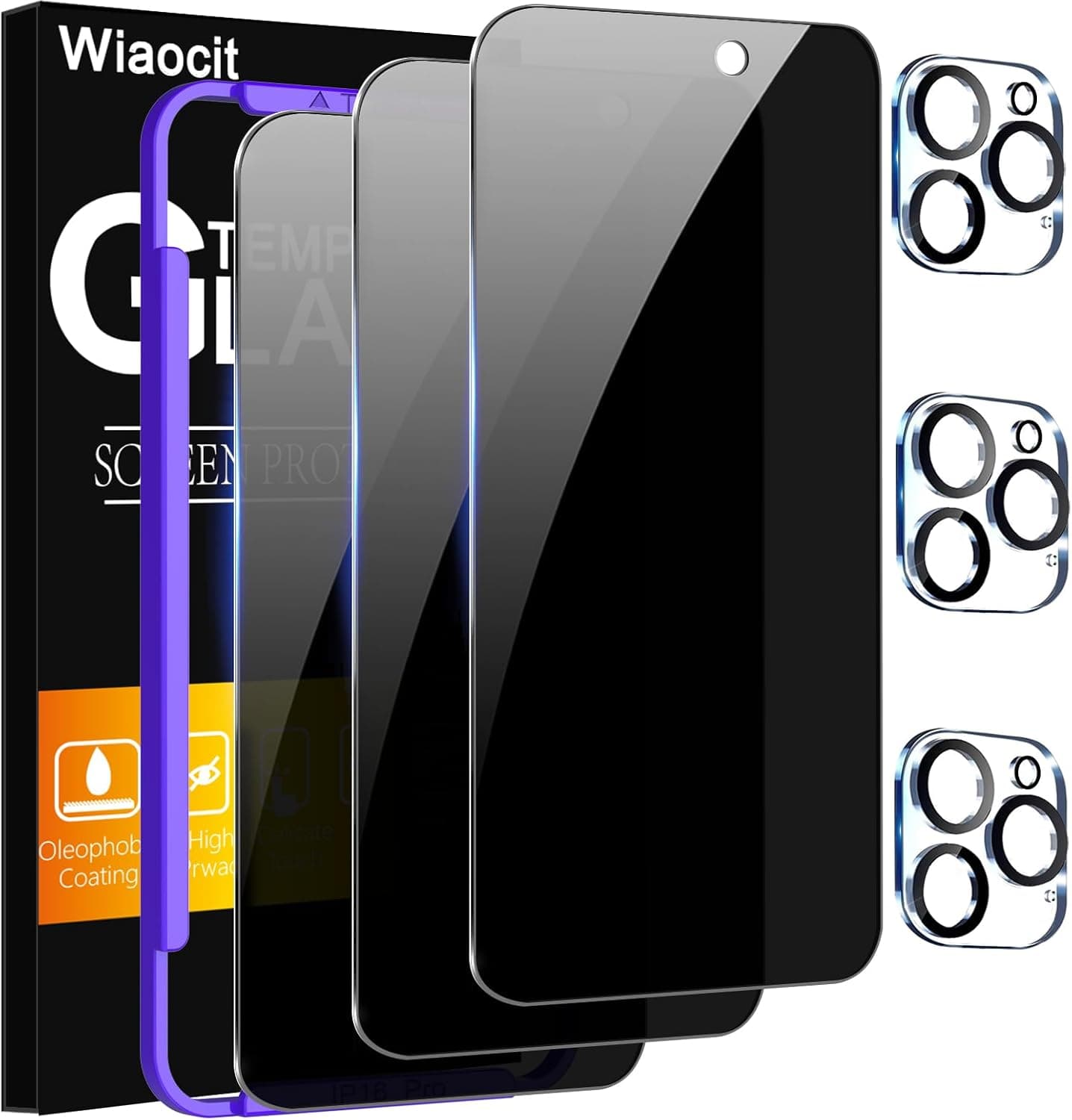 Wiaocit 3 Pack Tempered Glass Privacy Screen Protector for iPhone 16 Pro with 3 Pack Camera Lens Protector, 9H Hardness, Bubble Free, Case Friendly