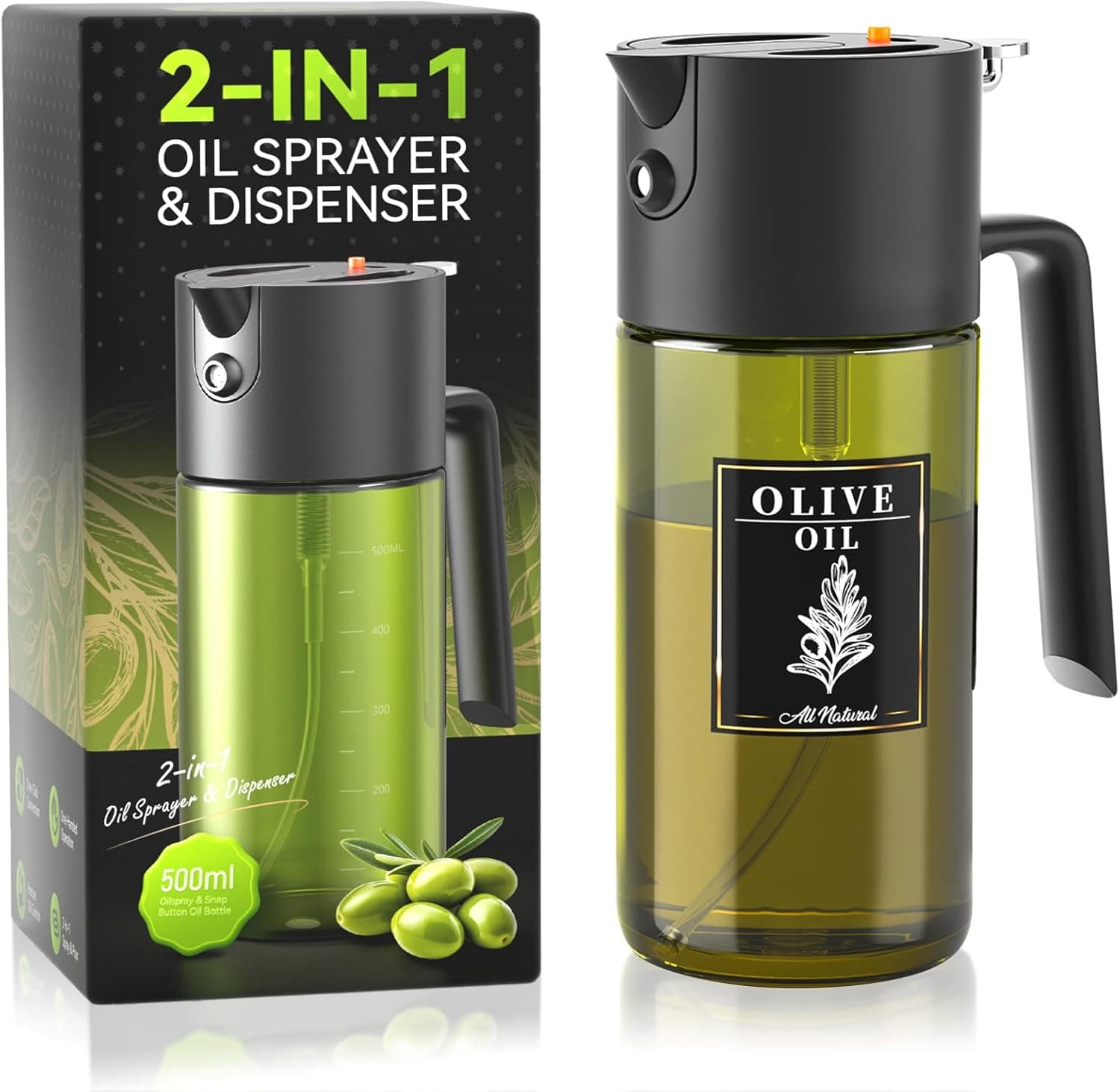 2-IN-1 500ml/17oz Light-Blocking Dark Oil Sprayer for Cooking with Sticker, Dark Green Glass Olive Oil Dispenser Bottle for Kitchen, Even Spray with Portion Control, Perfect for Air Fryer, BBQ - Black