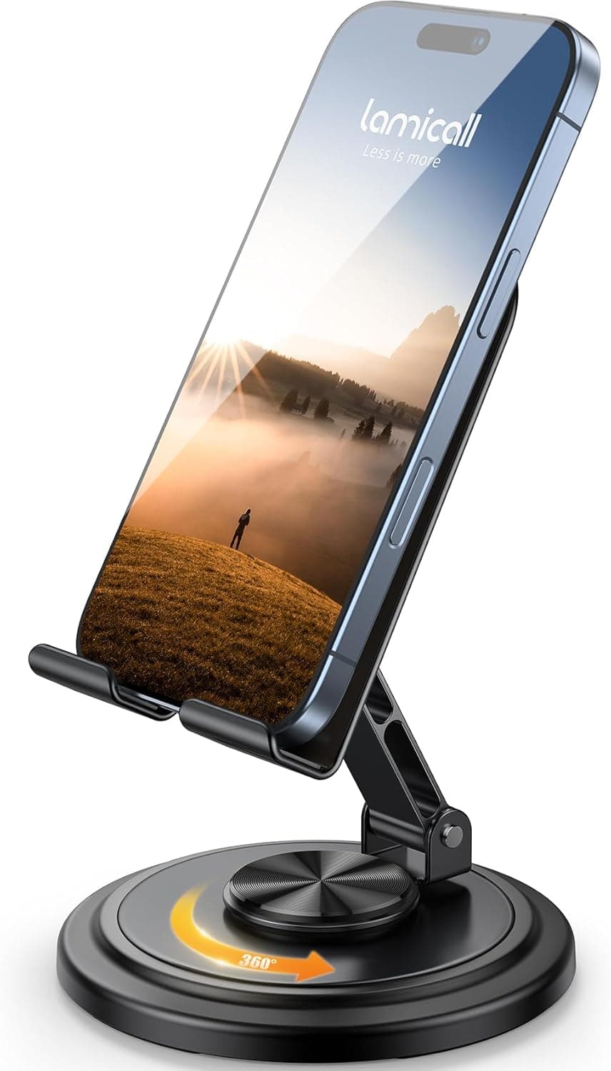 Lamicall Cell Phone Stand for Desk - [360° Rotation] Sturdy Adjustable Desktop Phone Holder, Foldable Mobile Stand, Office Desk Accessories for iPhone 17 16 15 14 Pro Max Air, Galaxy S25, Cellphones