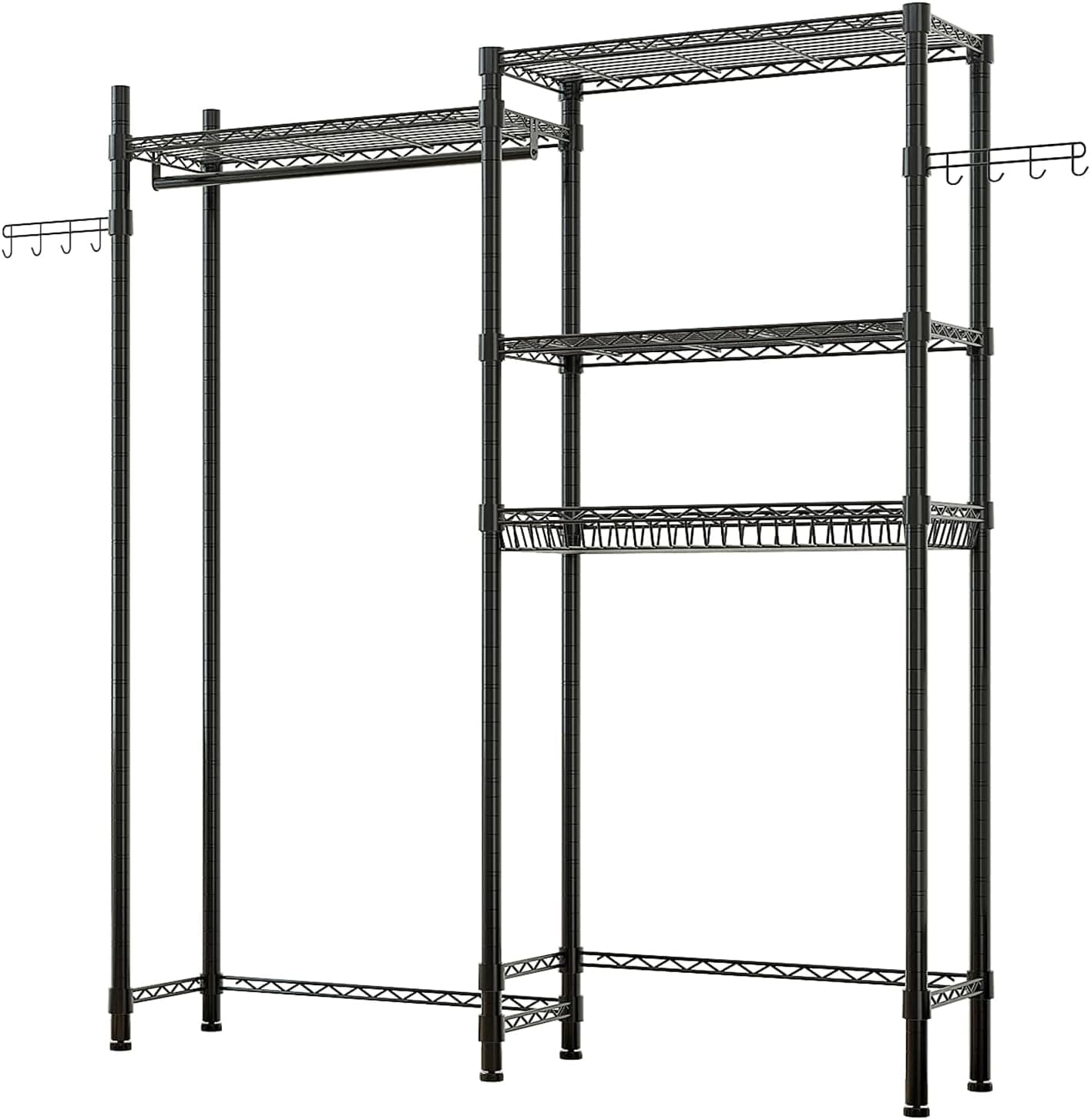 Washer and Dryer Storage Shelf,Clothes Drying Rack, Over Washer and Dryer Laundry Room Bathroom Towel Storage Shelf, Space Saver with Adjustable Shelves, Wire Basket, and Rotatable Hooks,Black