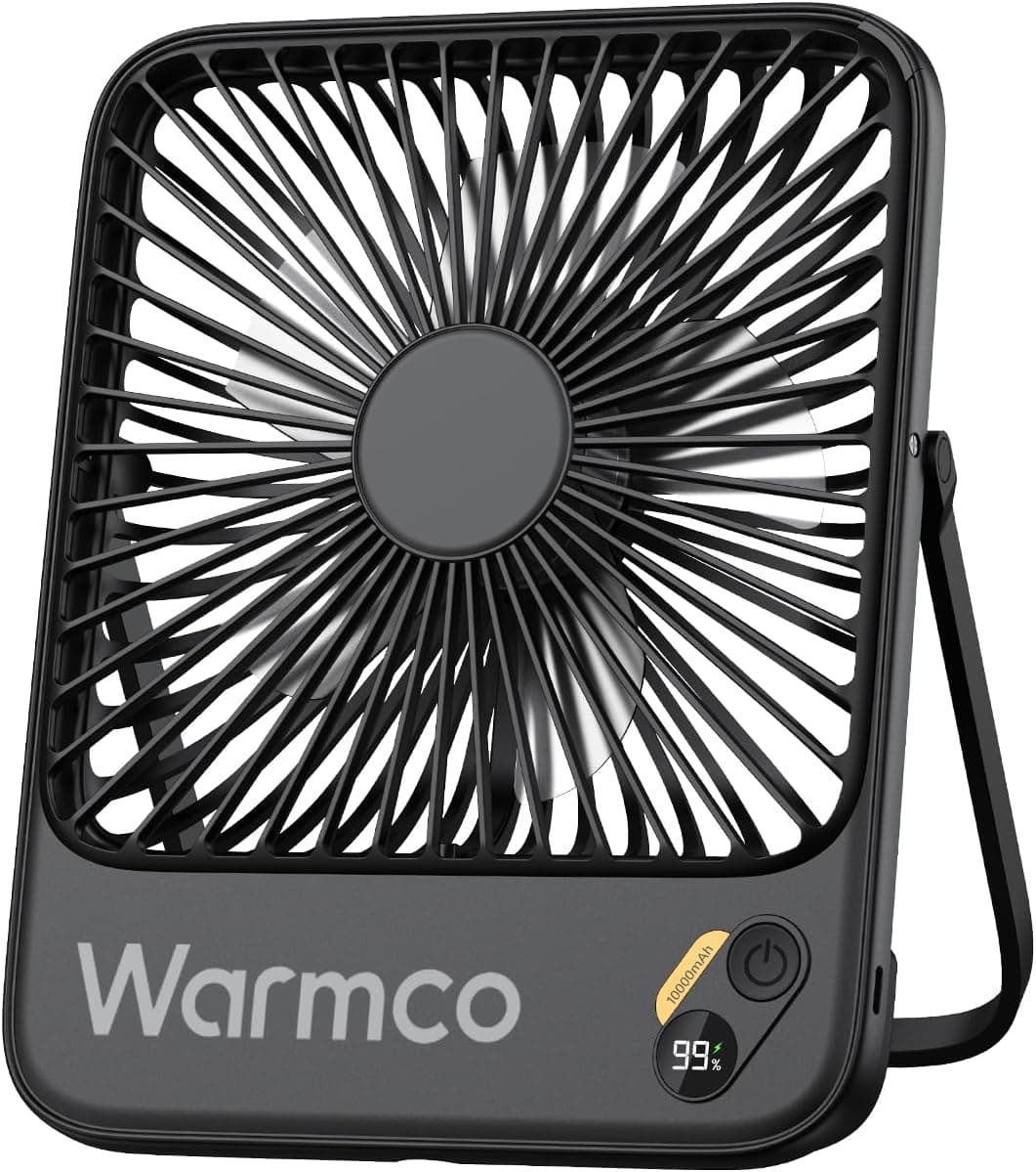 Warmco 10000mAh Portable Travel Fan 7-inch, Max 24H Runtime, Ultra-thin Quiet Rechargeable Battery Operated Desk Fan with Digital Display for Camping, Office, Bedroom, Cruise Essentials