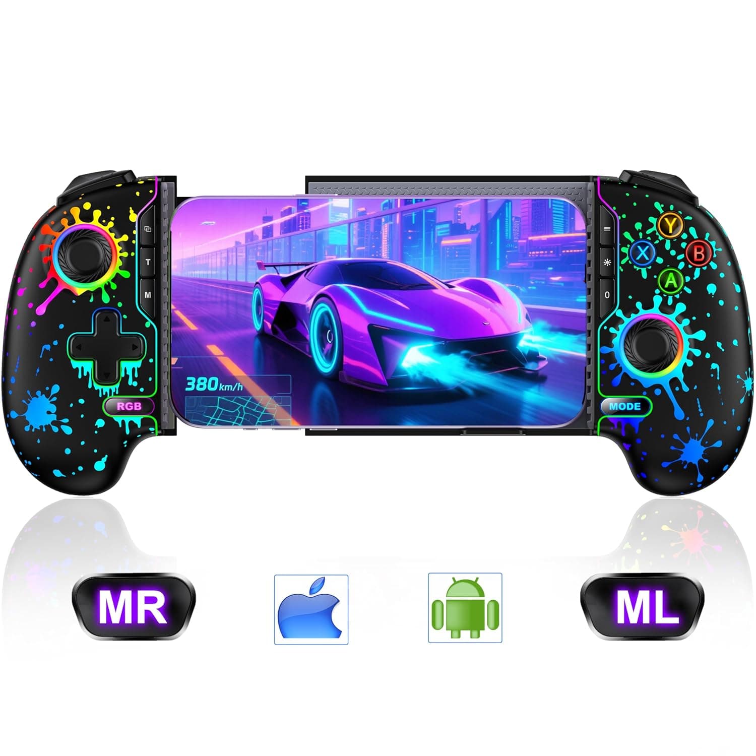 Mobile Game Controller for iPhone/Android Handheld Gaming, Wireless Phone Gaming Controllers with (Programmable) /Hall Effect Joysticks & Analog Triggers/Adjustable Turbo (Black with Watercolor Pattern Lights)