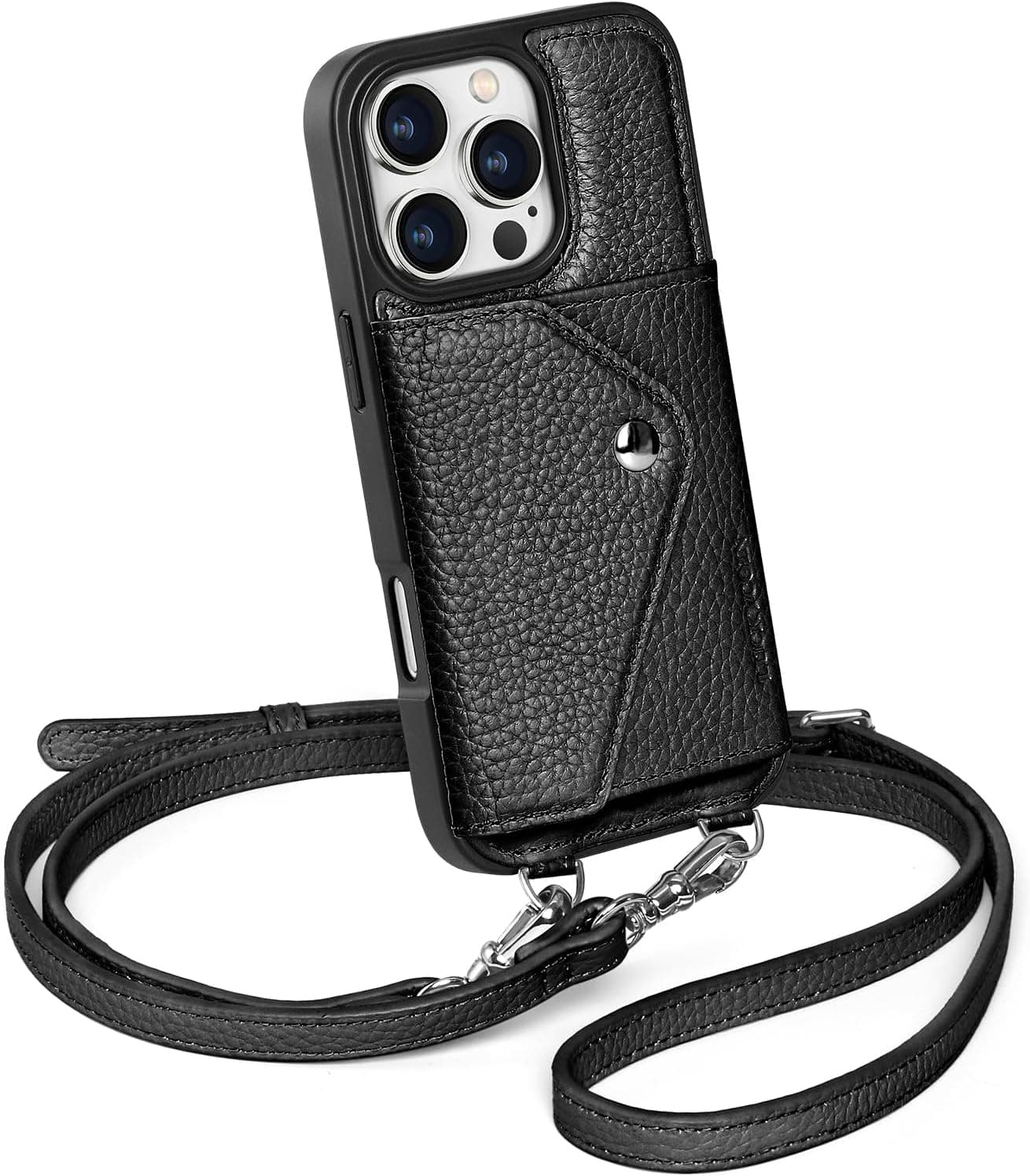 LUCKYCOIN Crossbody Wallet Phone Case for iPhone 16 Pro,100% Genuine Leather Phone Case with Expandable Wallet Card Holder & Adjustable Removable Strap,Leather Phone Purse for Women - Pebble Black