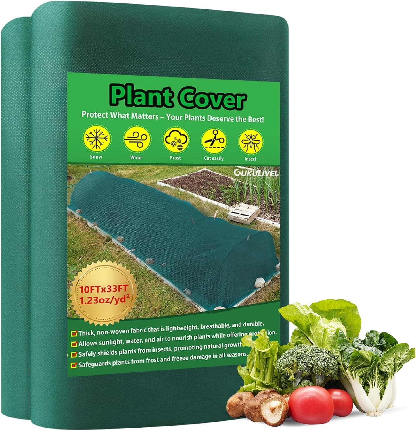 Plant Covers Freeze Protection, 10x33ft Green Frost Blanket for Winter, 1.23 oz/yd² Fabric, Premium Frost Protection Cover, Breathable Garden Row Covers for Outdoor Plants