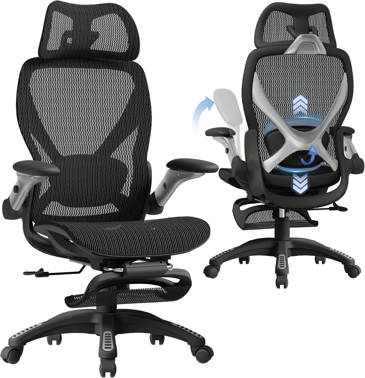 ELABEST X100 Ergonomic Mesh Office Chair with Footrest, Big and Tall Hone Desk Chair with 5D Flip-Up Arms, Adjustable 3D Lumbar Support,Gaming & Executive Computer Chairs for Long Hours(Midnight Mist)