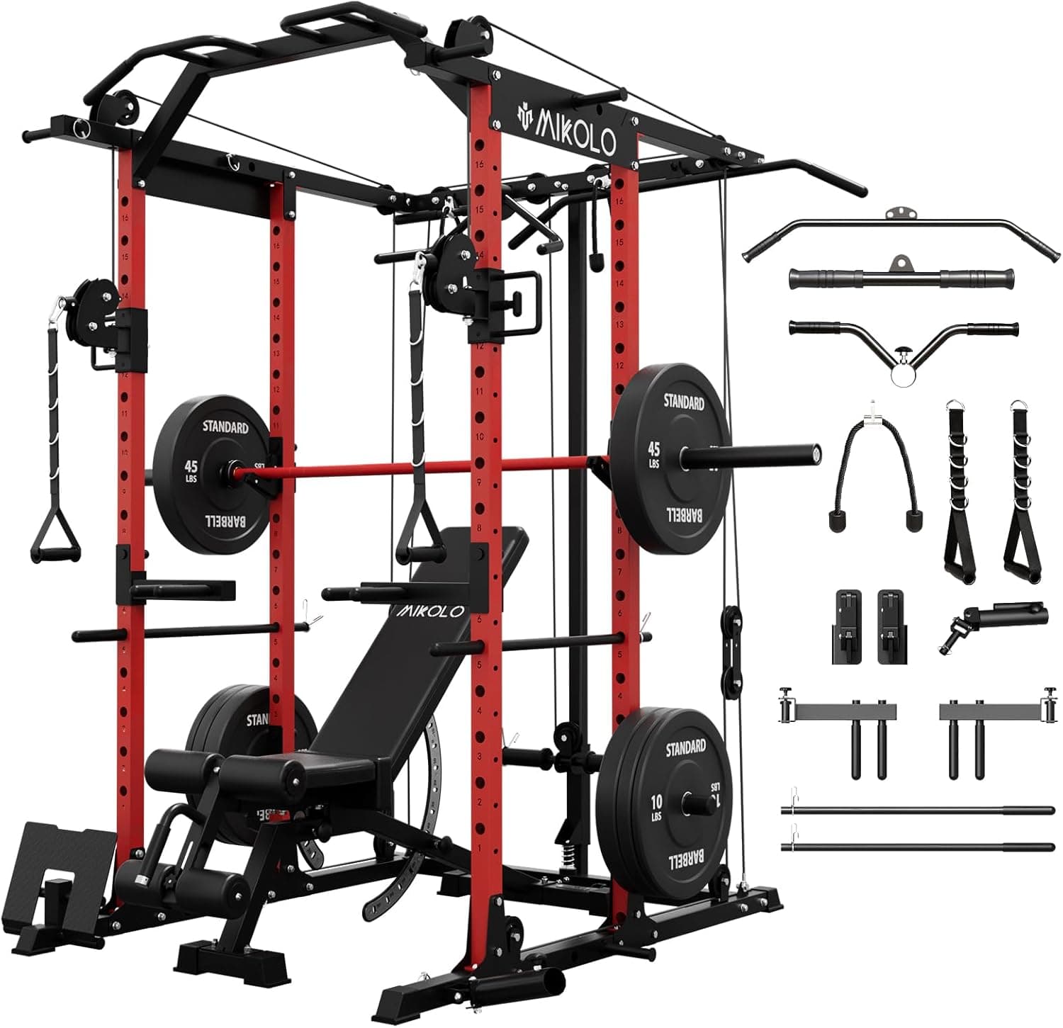 Mikolo Power Cage, Power Rack with Cable Crossover System, 1500LBS Squat Rack with LAT Pull Down System, Workout Cage with Pulley System for Fitness Home Gym
