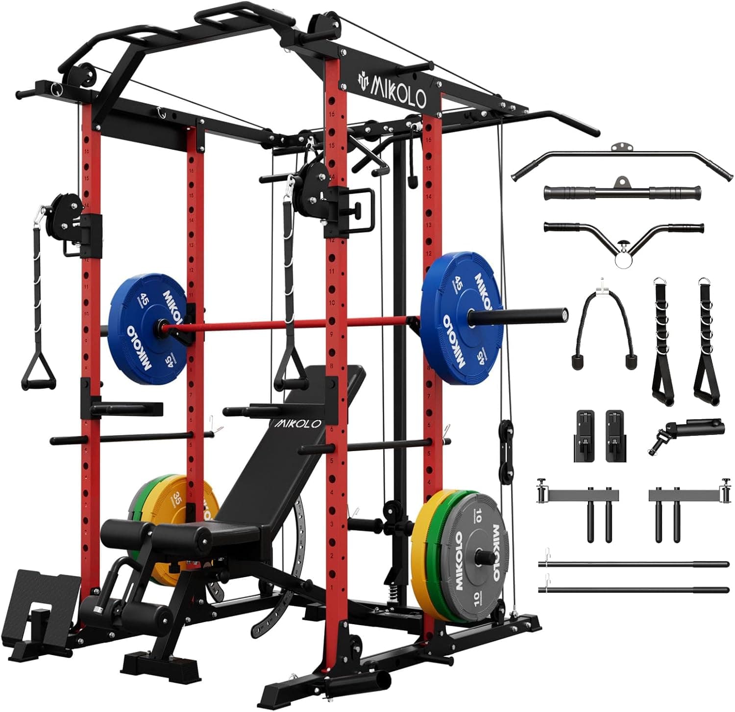 Mikolo Power Cage, Power Rack with Cable Crossover System, 1500LBS Squat Rack with LAT Pull Down System, Workout Cage with Pulley System for Fitness Home Gym