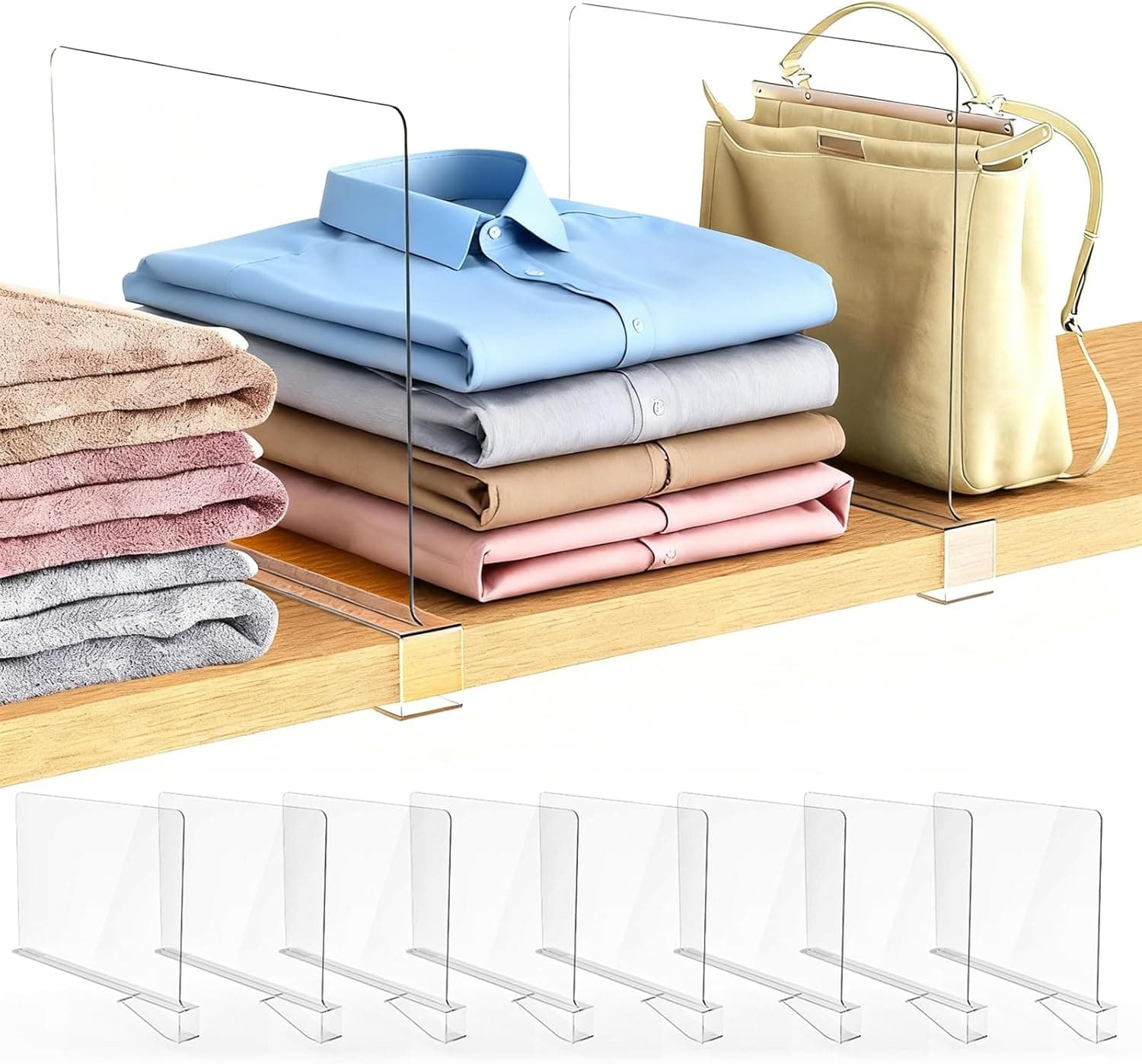 8 Pack Closet Shelf Dividers Organizer Purse Clothes Organization Acrylic Clear Tall Divider Separators for Wood Wire Thick Shelves Kitchen Office Bookshelf Storage Handbags Bag Sweater