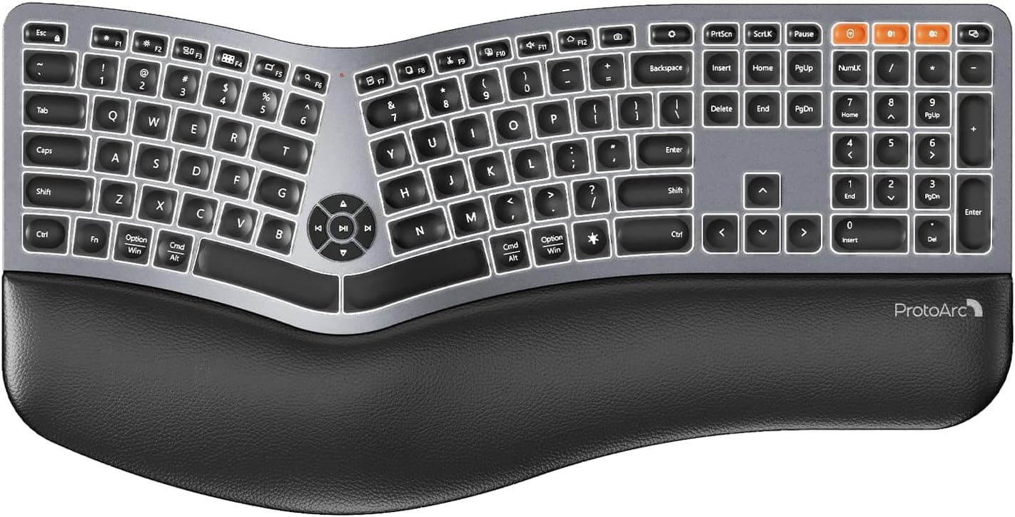 Backlit Bluetooth Ergonomic Keyboard, ProtoArc EK01 Plus Full Size Wireless Split Keyboard with Dual Bluetooth and USB, Cushioned Wrist Rest, Rechargeable for Windows/Mac/Android, Grey Black