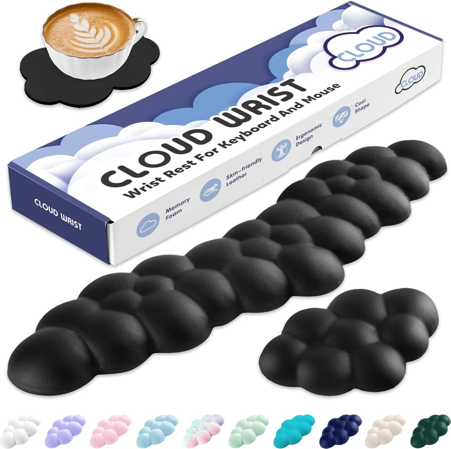 Cloud Wrist Rest for Keyboard and Mouse, Memory Foam PU Leather Keyboard Wrist Rest with Ergonomic Support, Non-Slip Base, Cute Arm Rest Pad & Palm Cushion, Office Desk Accessory, Black