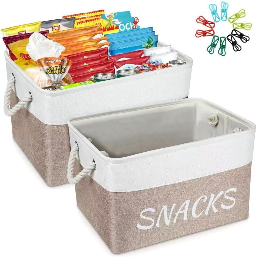 2 Pack Snack Organizer for Pantry,Decorative Snack Basket with 20 Pcs Chip Clips, Collapsible Snack Organizer for Countertop, Pantry Shelf, Office, Kitchen and More