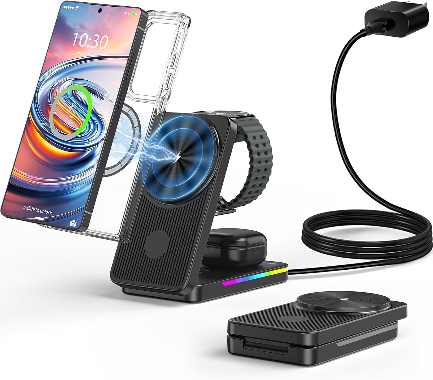 3 in 1 Magnetic Wireless Charger for Samsung, Foldable MagSafe Wireless Charging Station for Samsung Galaxy S25 Ultra/Z Fold7/Flip7/S24, Watch Charger for Galaxy Watch Ultra/8/7/Buds (for Travel)