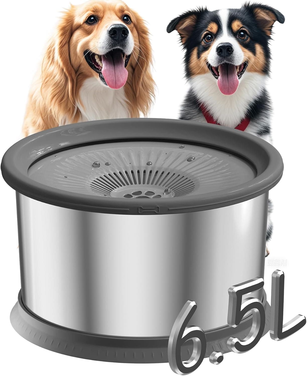 6.5L Dog Water Bowl No Spill 1.6 Gallon Stainless Steel Water Bowl for Dogs 220oz Large Capacity No Splash Slow Drinking Feeder with Anti-Slip Mat for Messy Drinkers