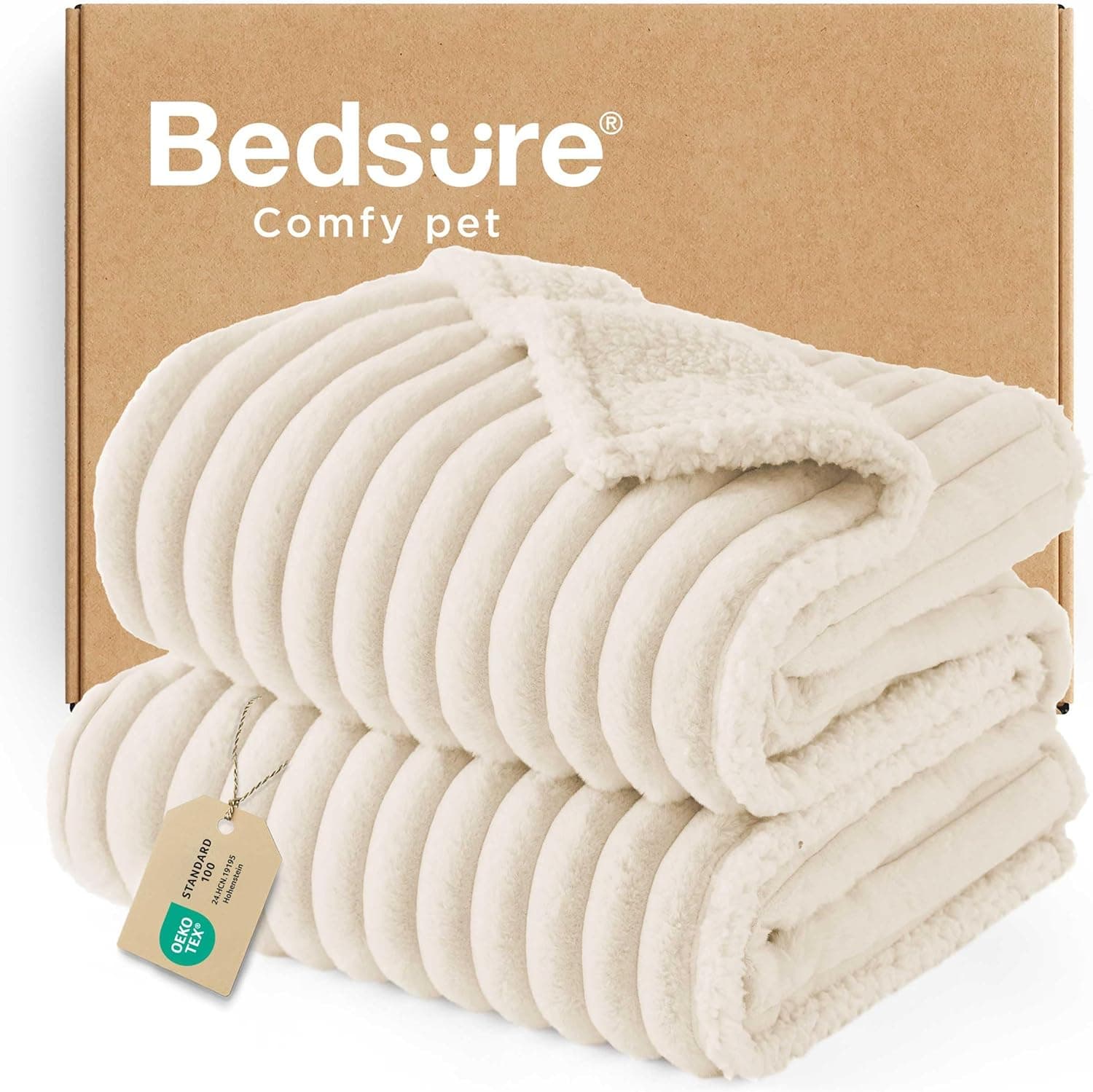 Bedsure Waterproof Dog Blankets for Large Dogs - Soft Pet Cat Blanket Corduroy Fleece for Couch Bed Protector Washable, Cozy Calming Reversible Furniture Protection for Puppy,50"x60", Cream