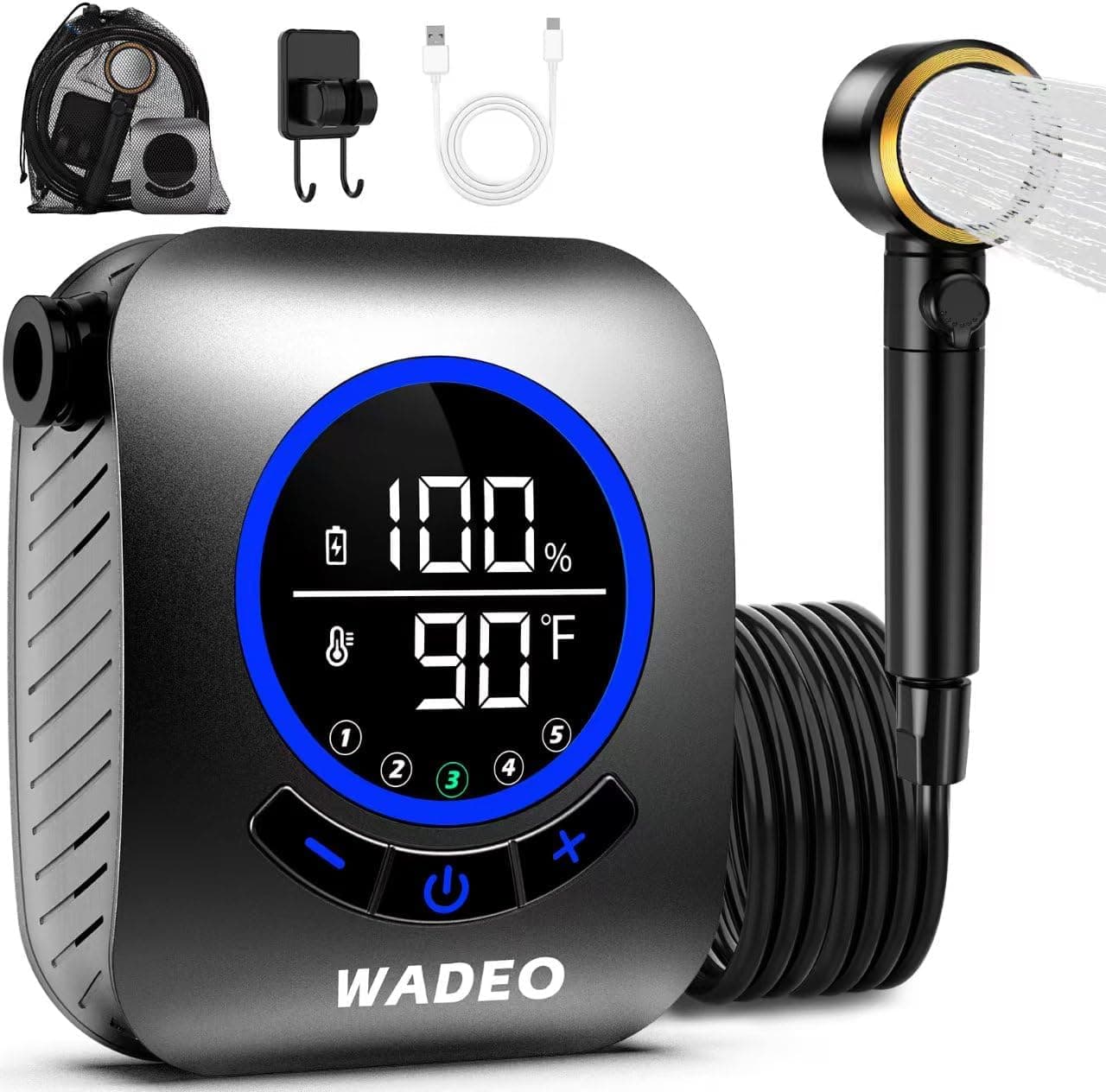 WADEO Portable Shower for Camping, 8000mAh Rechargeable Camping Shower Pump with 5 Pressure Levels, Fahrenheit Display, IPX8 Waterproof for Outdoor Camping, Travel, Car Washing, Pet Bathing
