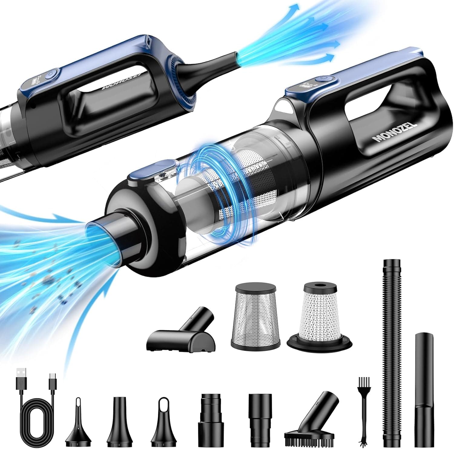 Car Vacuum Portable Cordless, 18000Pa 2 in 1 Vacuum Cleaner&Air Duster, 130W Brushless Motor Handheld Vacuum Cordless with 7800mAh Battery, LED Light, Multi-Nozzles for Car, Home, Office, Pet